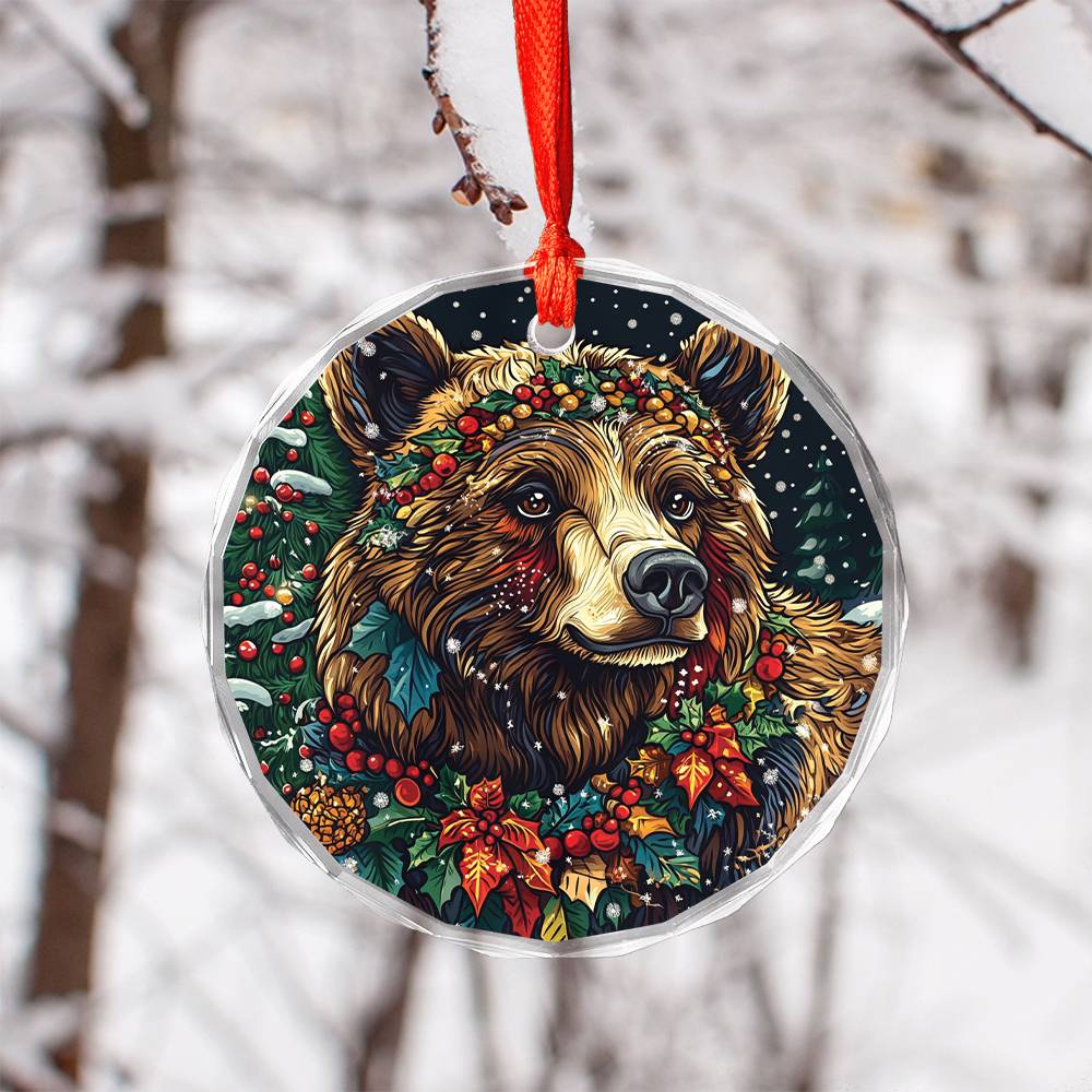 Beautiful Angus Grizzly Bear Christmas Night Design 4 Glass Ornament