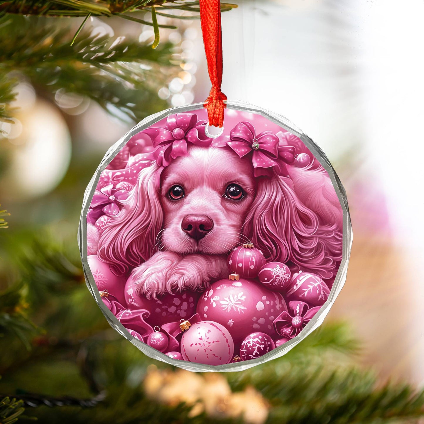 Cocker Spaniel Dog Pink Christmas Design 1 Glass Ornament