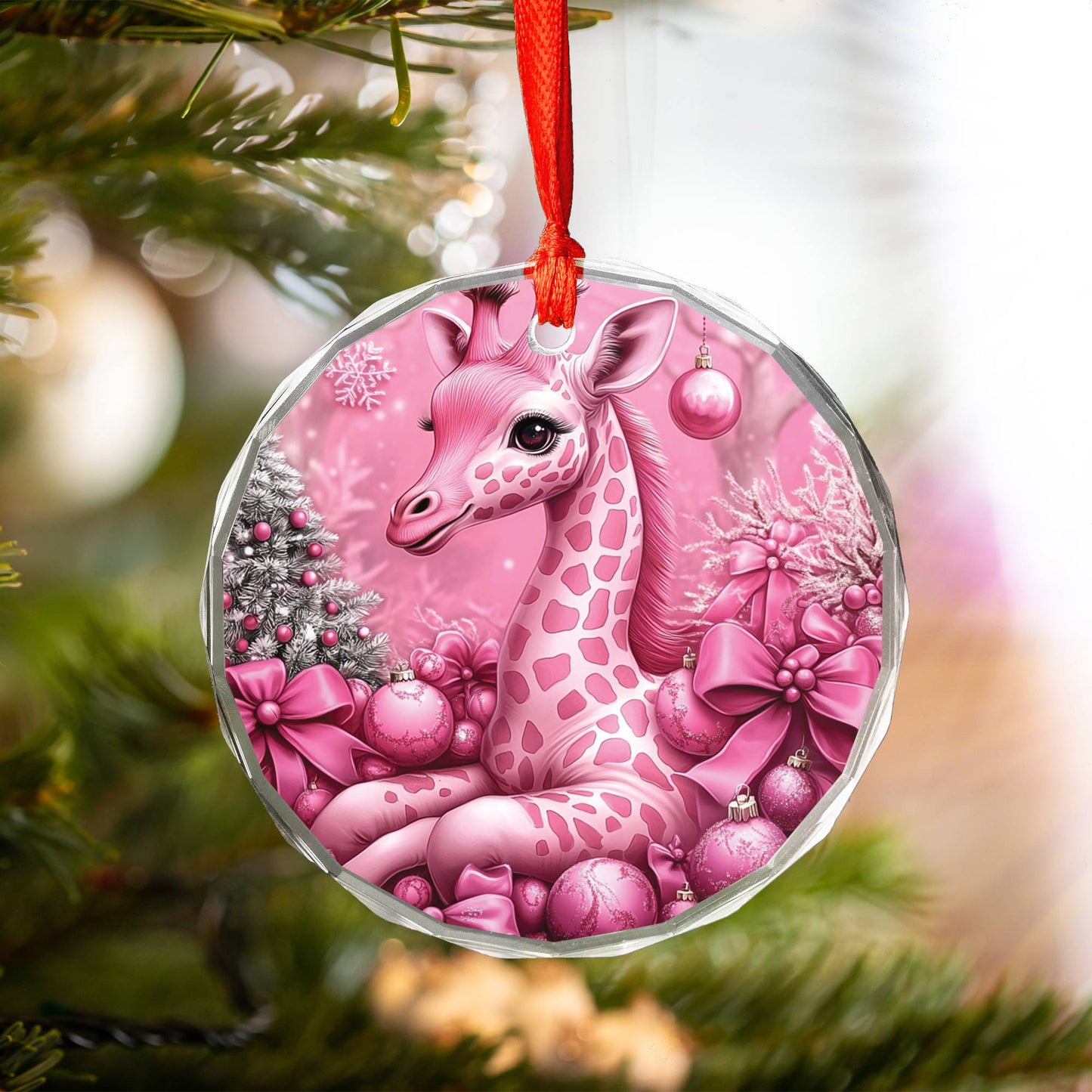 Giraffe Pink Christmas Design 1 Glass Ornament