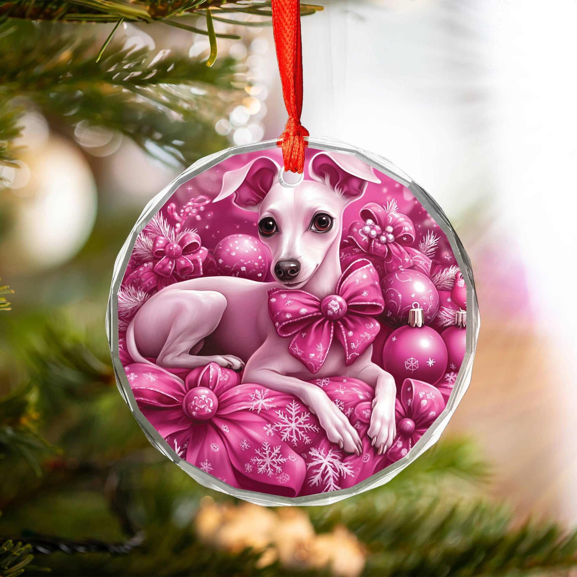 Whippet Dog Pink Christmas Design 3 Glass Ornament
