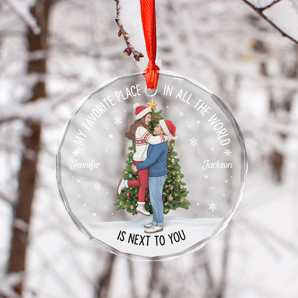Christmas Couple Kissing My Favorite Place In All The World - Personalized Circle Glass Ornament 2