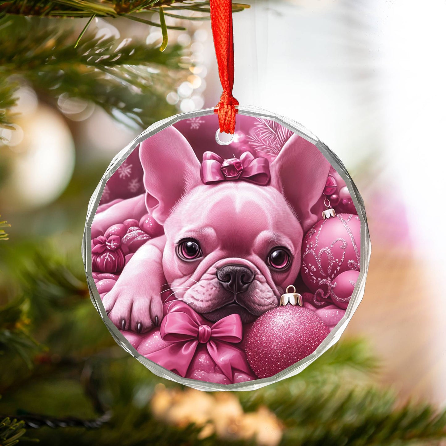 French Bulldog Pink Christmas Design 1 Glass Ornament