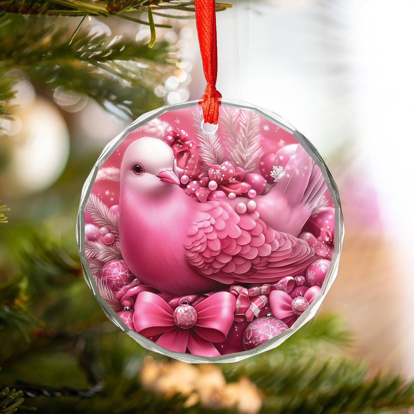 Pigeon Pink Christmas Design 2 Glass Ornament