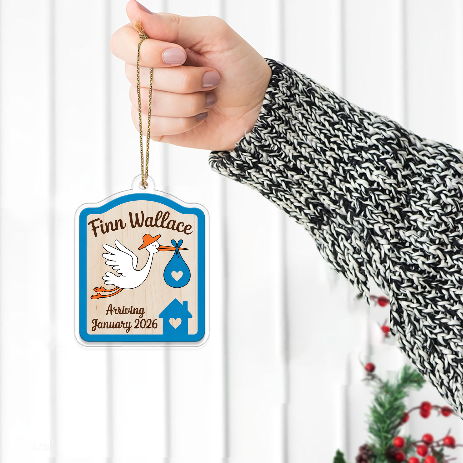 Personalized Stork Baby Announcement Ornament, Christmas Decor, Baby Coming Next Year Ornament, New Baby Ornament
