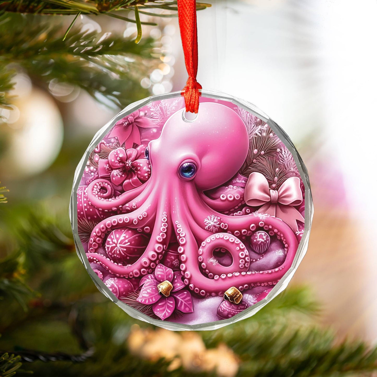 Octopus Pink Christmas Design 3 Glass Ornament