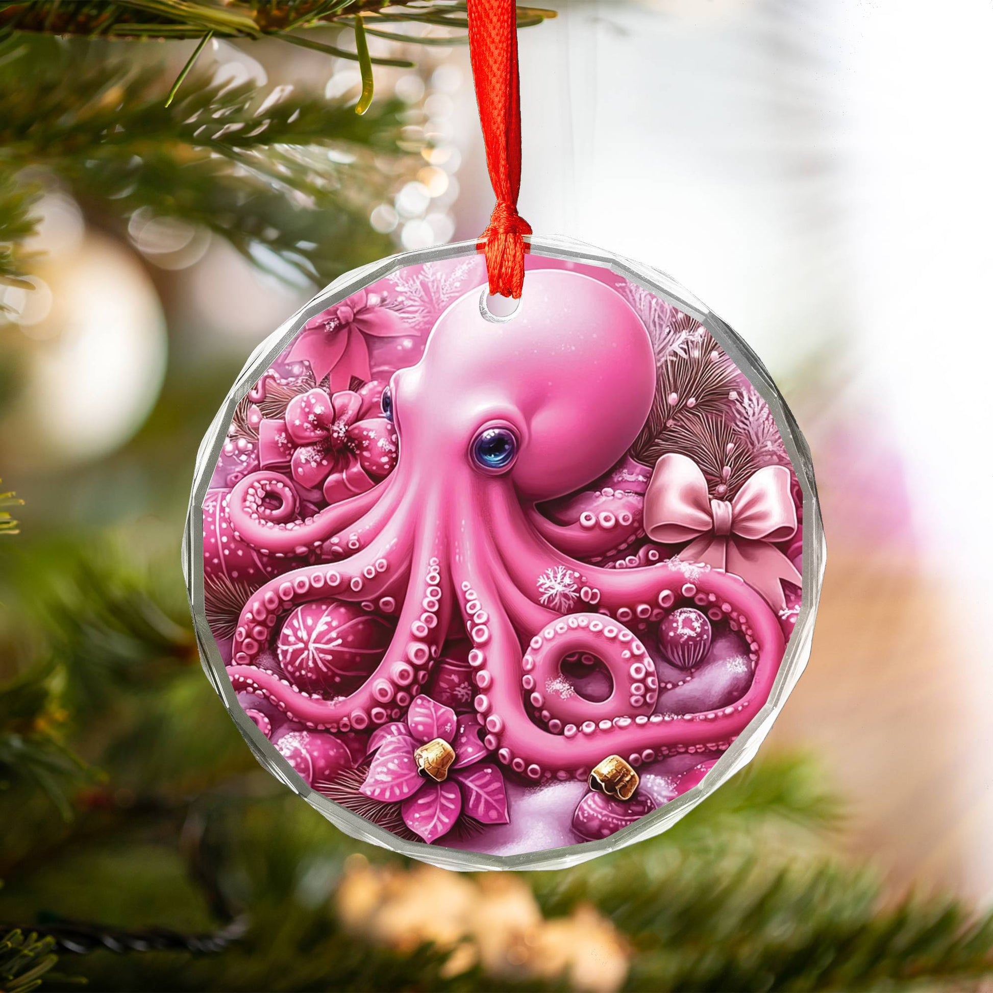 Octopus Pink Christmas Design 3 Glass Ornament