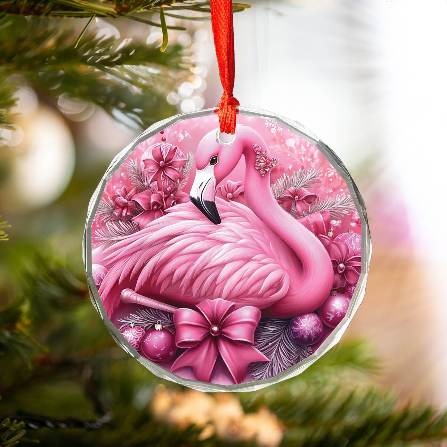 Flamingo Pink Christmas Design 4 Glass Ornament