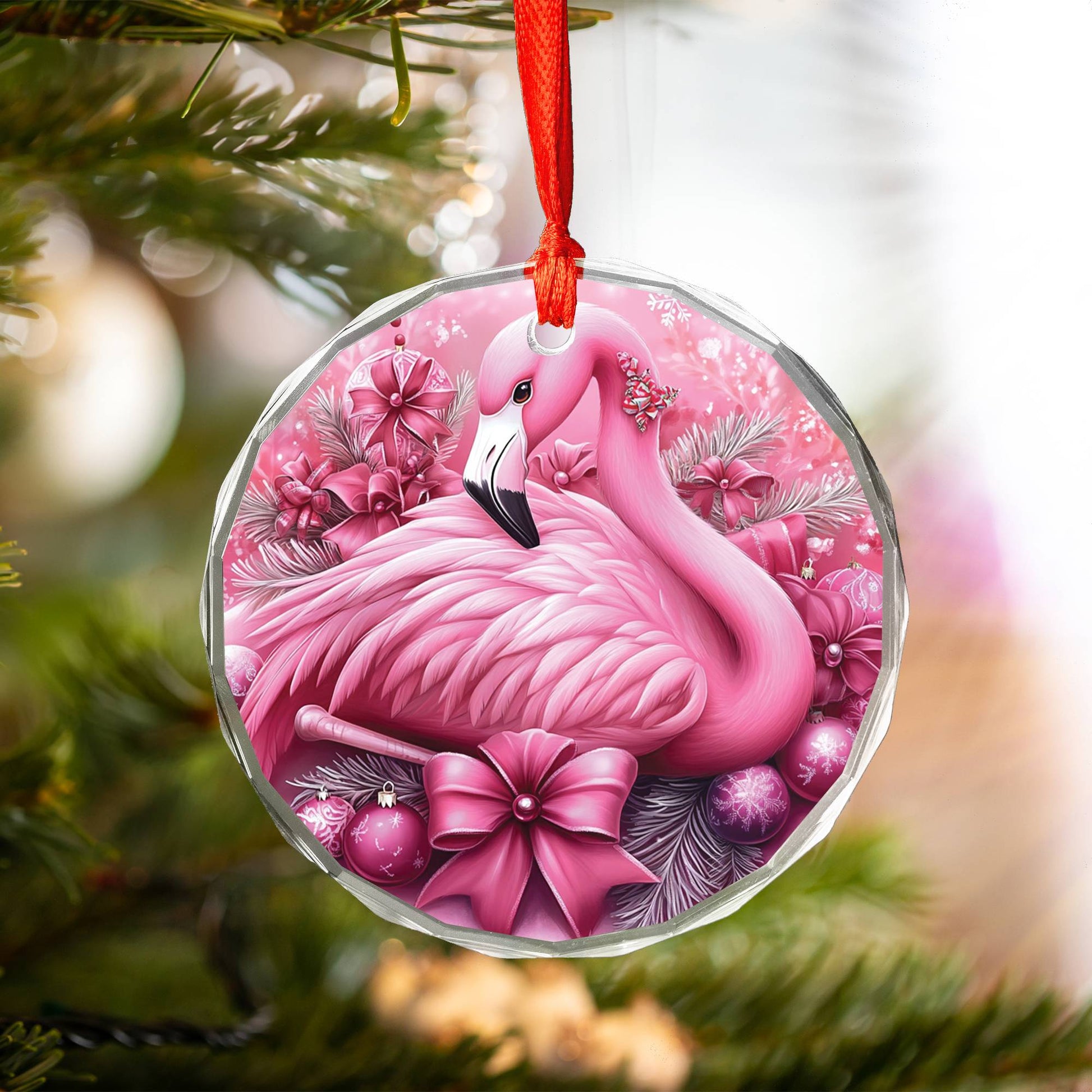 Flamingo Pink Christmas Design 4 Glass Ornament