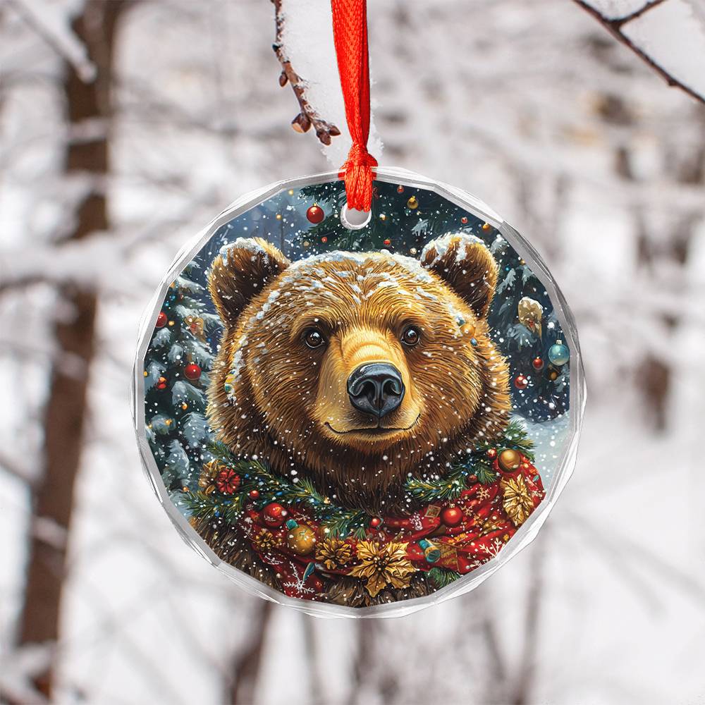 Beautiful Angus Grizzly Bear Christmas Night Design 1 Glass Ornament