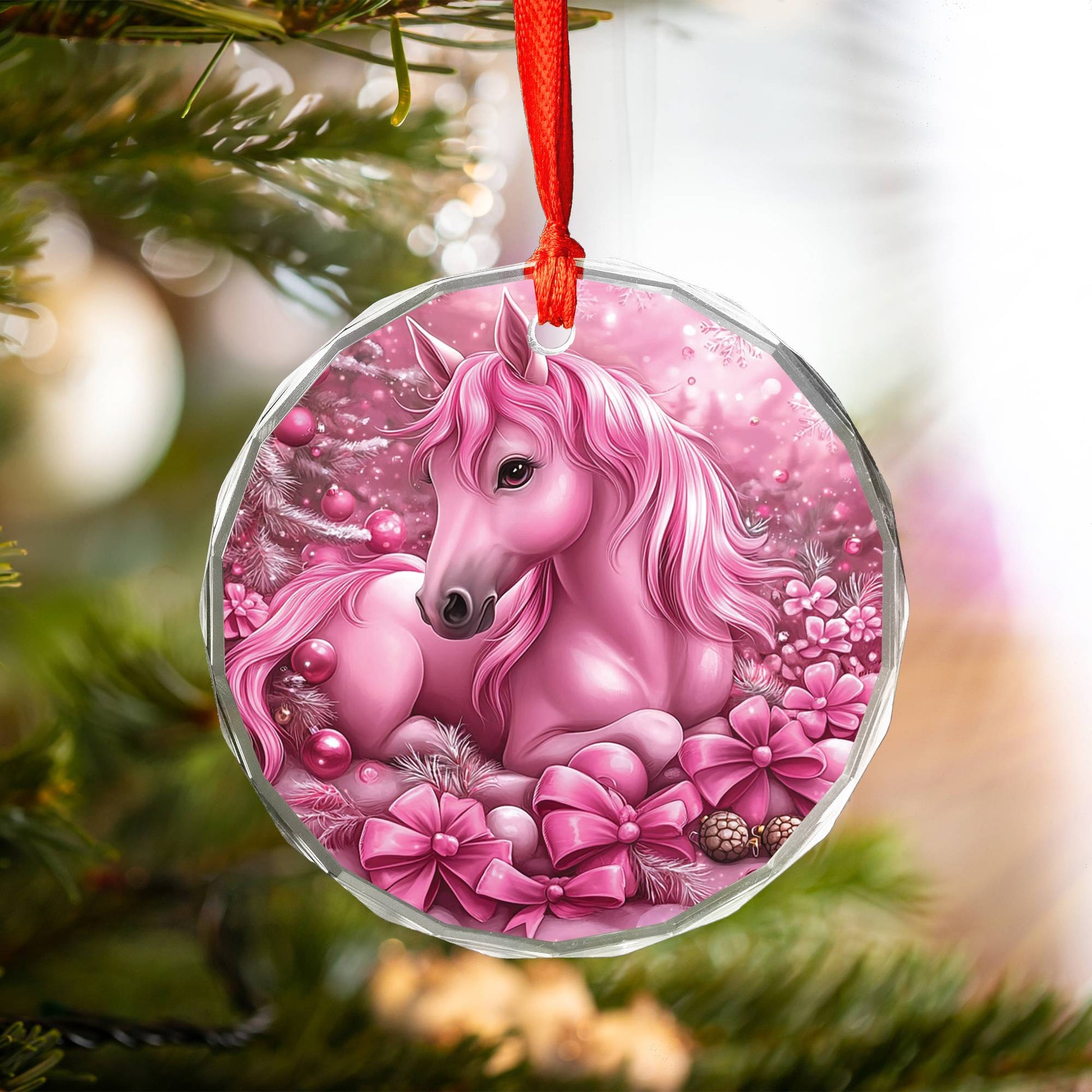 Horse Pink Christmas Design 2 Glass Ornament
