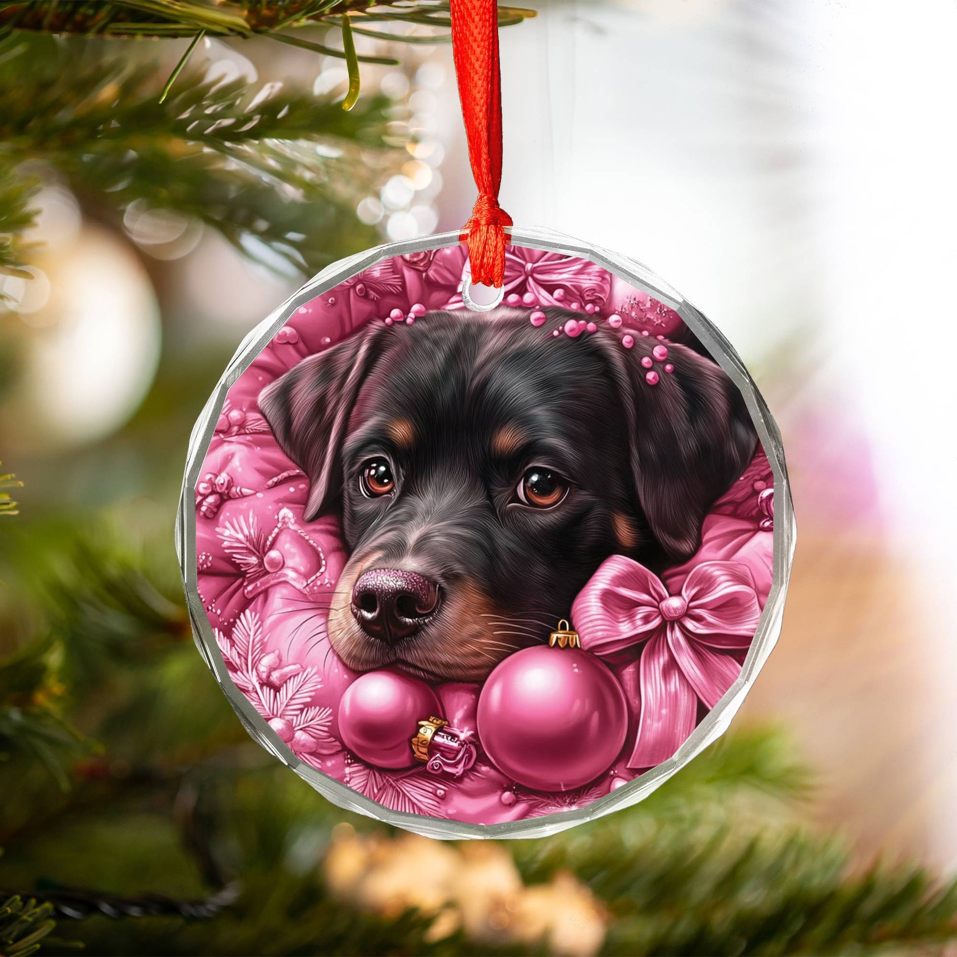 Christmas Rottweiler Dog Pink Christmas Design 2 Glass Ornament