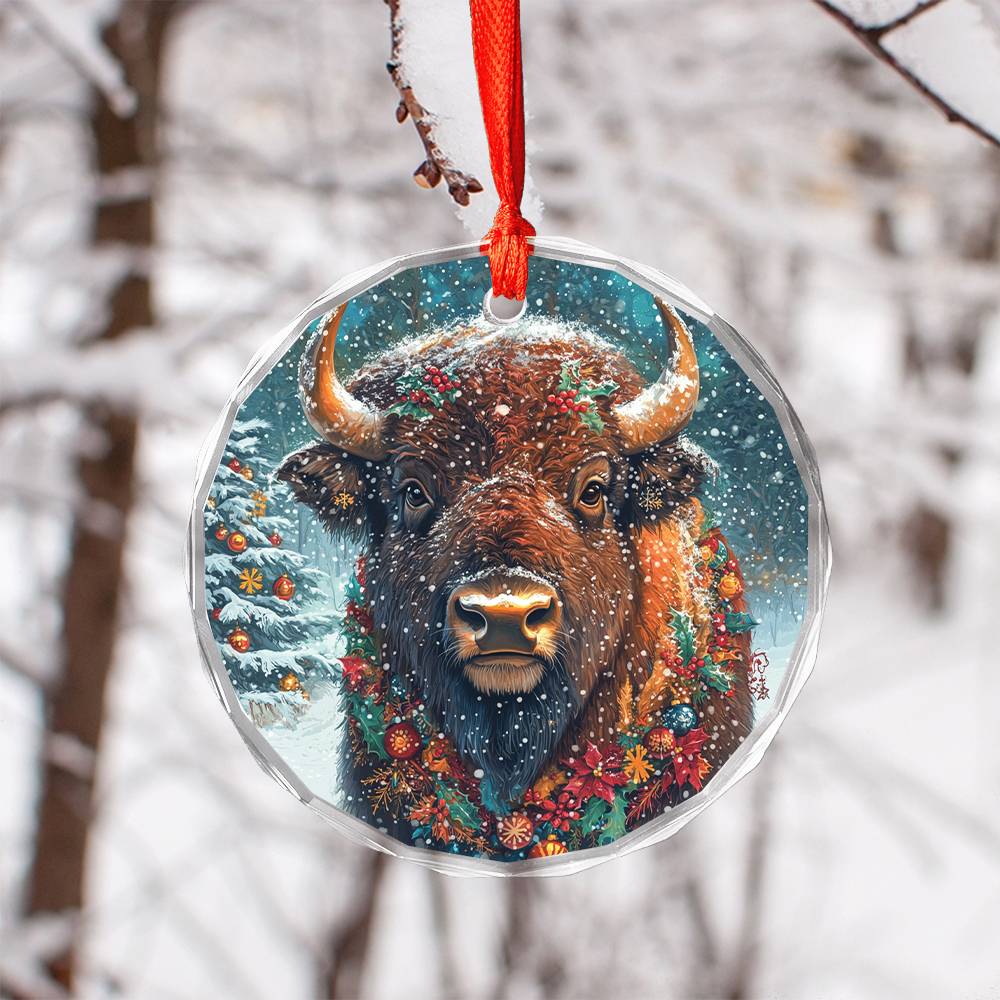Beautiful Bison Christmas Night Design 2 Glass Ornament