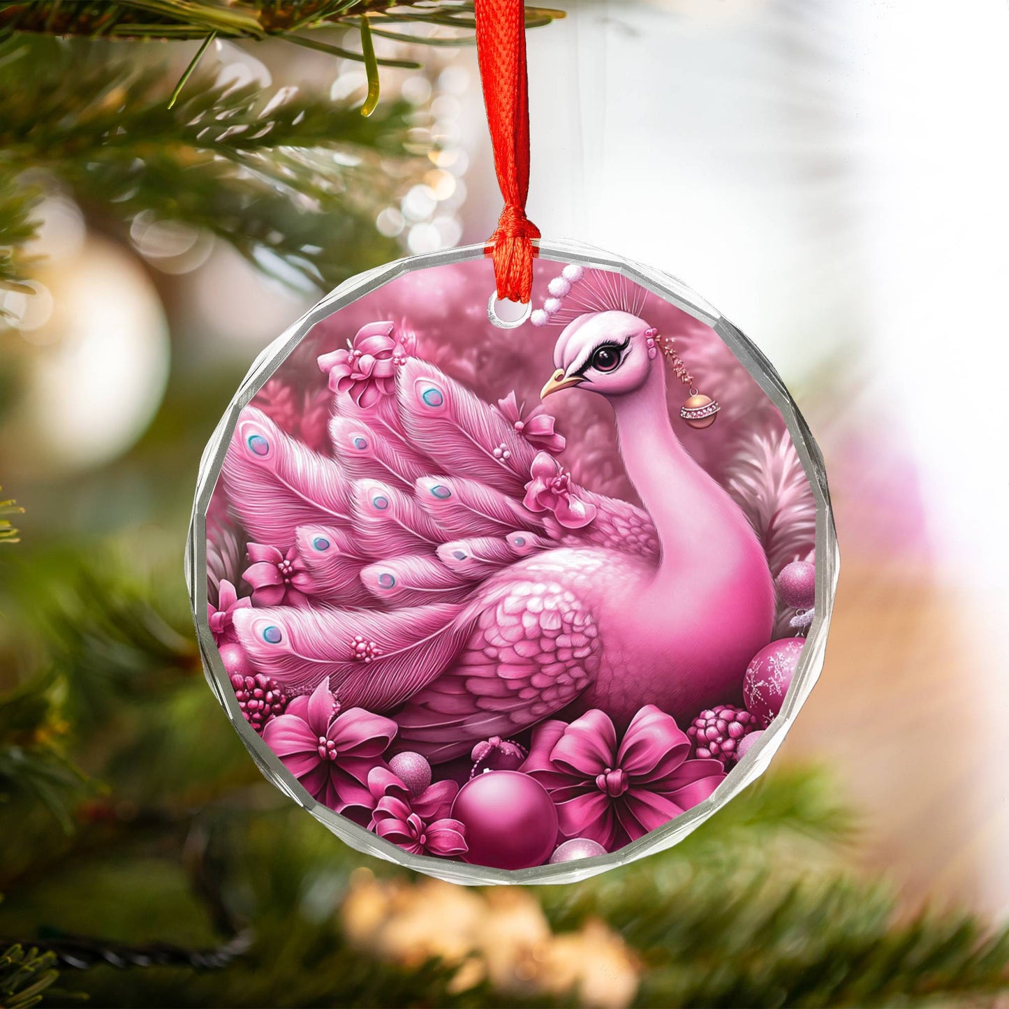 Peacock Pink Christmas Design 2 Glass Ornament