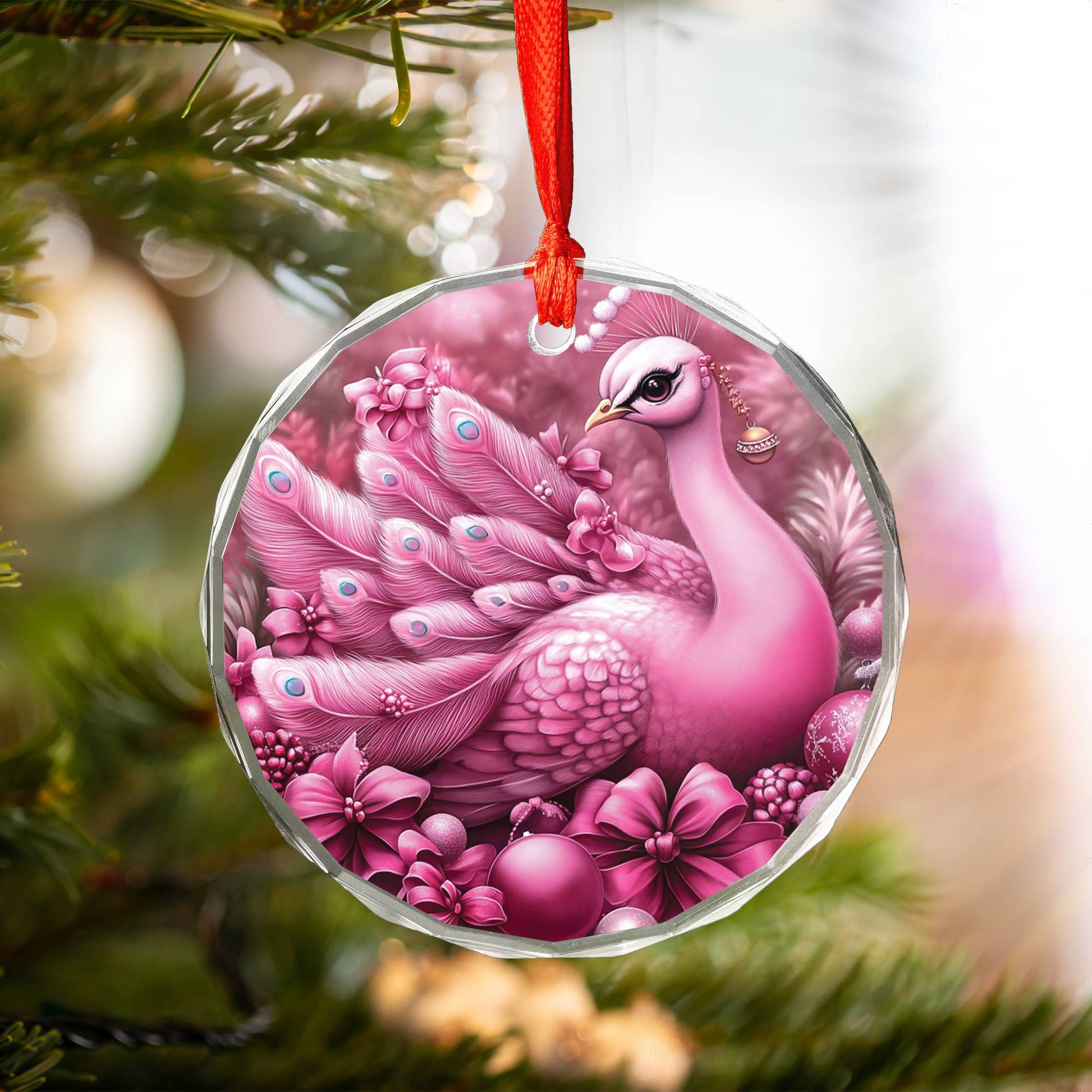 Peacock Pink Christmas Design 2 Glass Ornament