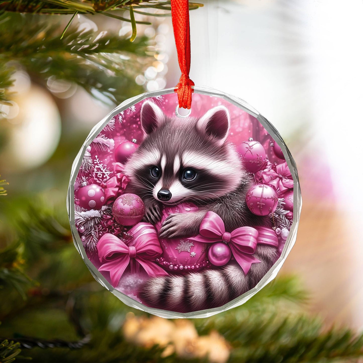 Racoon Pink Christmas Design 1 Glass Ornament