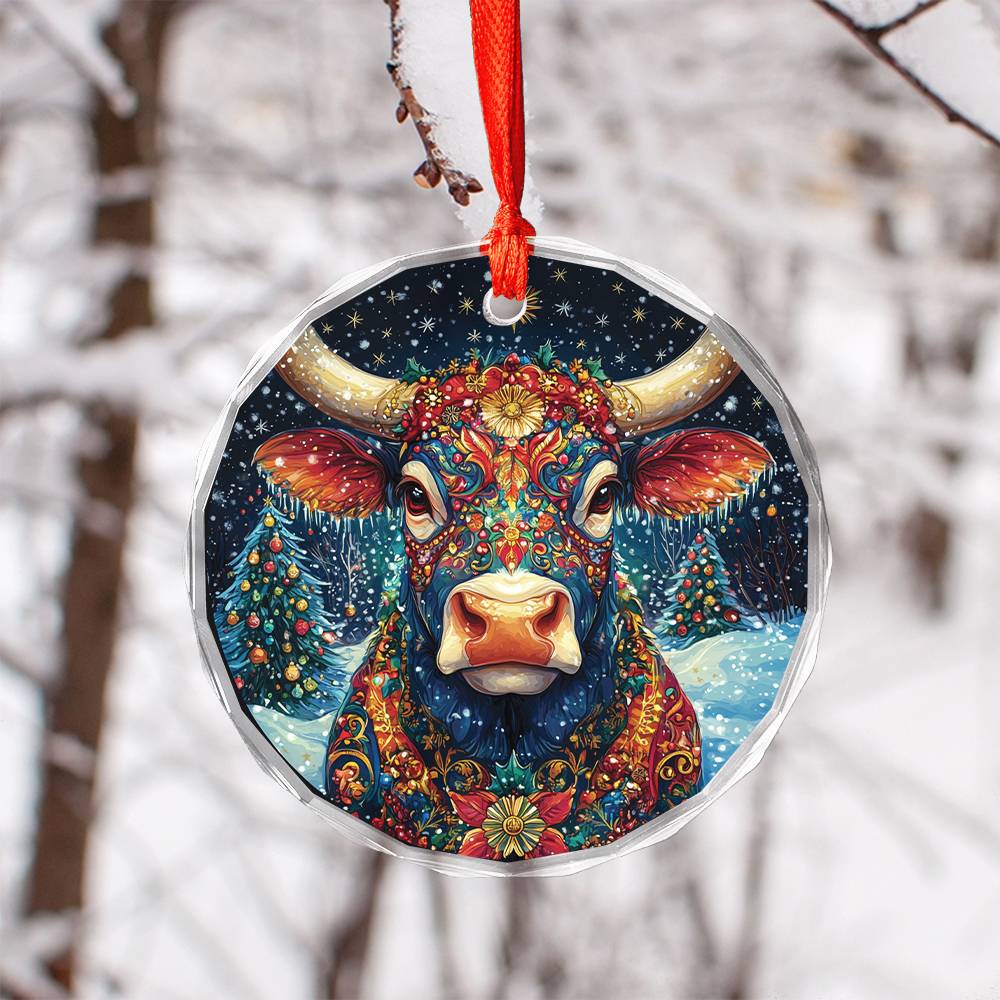 Beautiful Bull Christmas Night Design 2 Glass Ornament