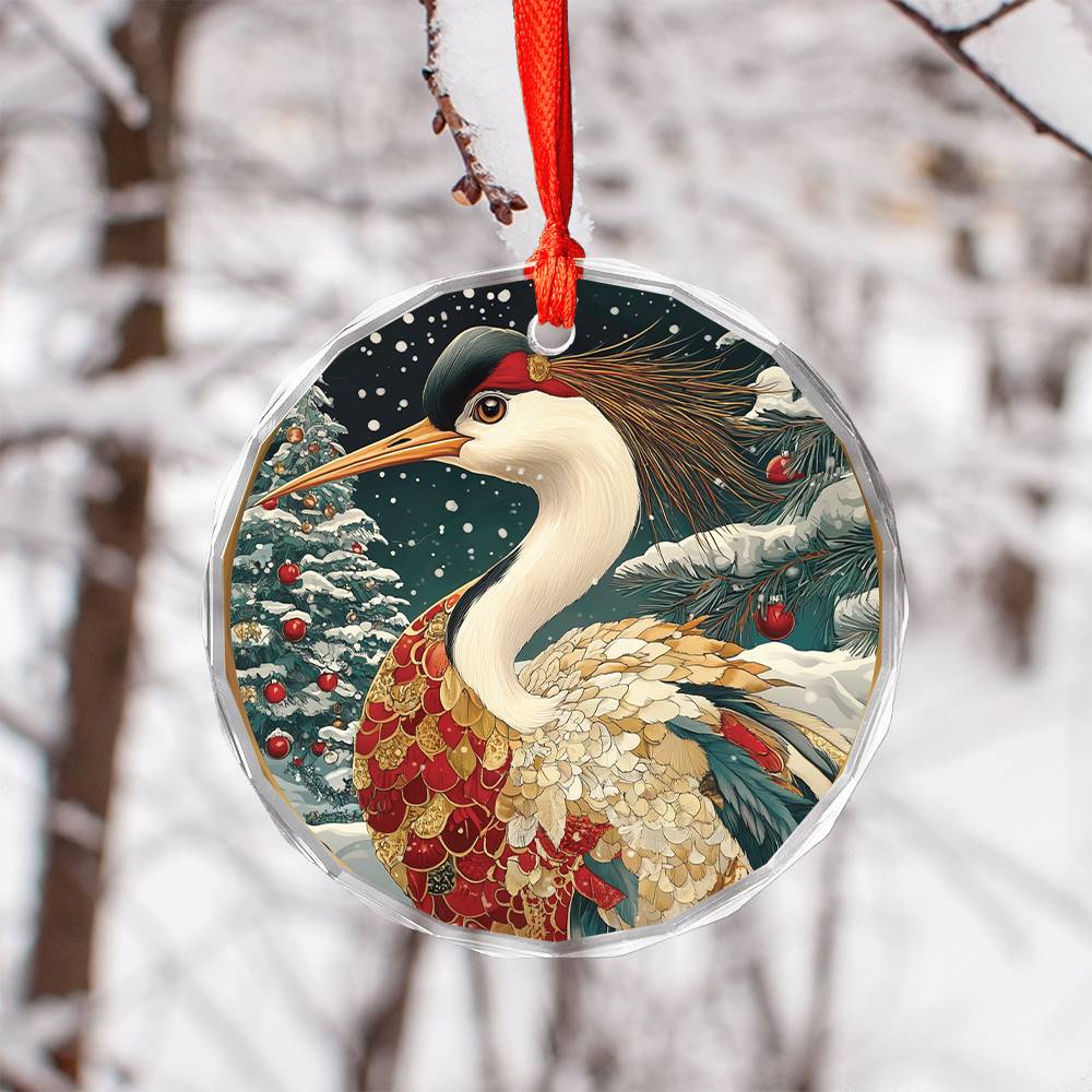Beautiful Crane Christmas Night Design 3 Glass Ornament