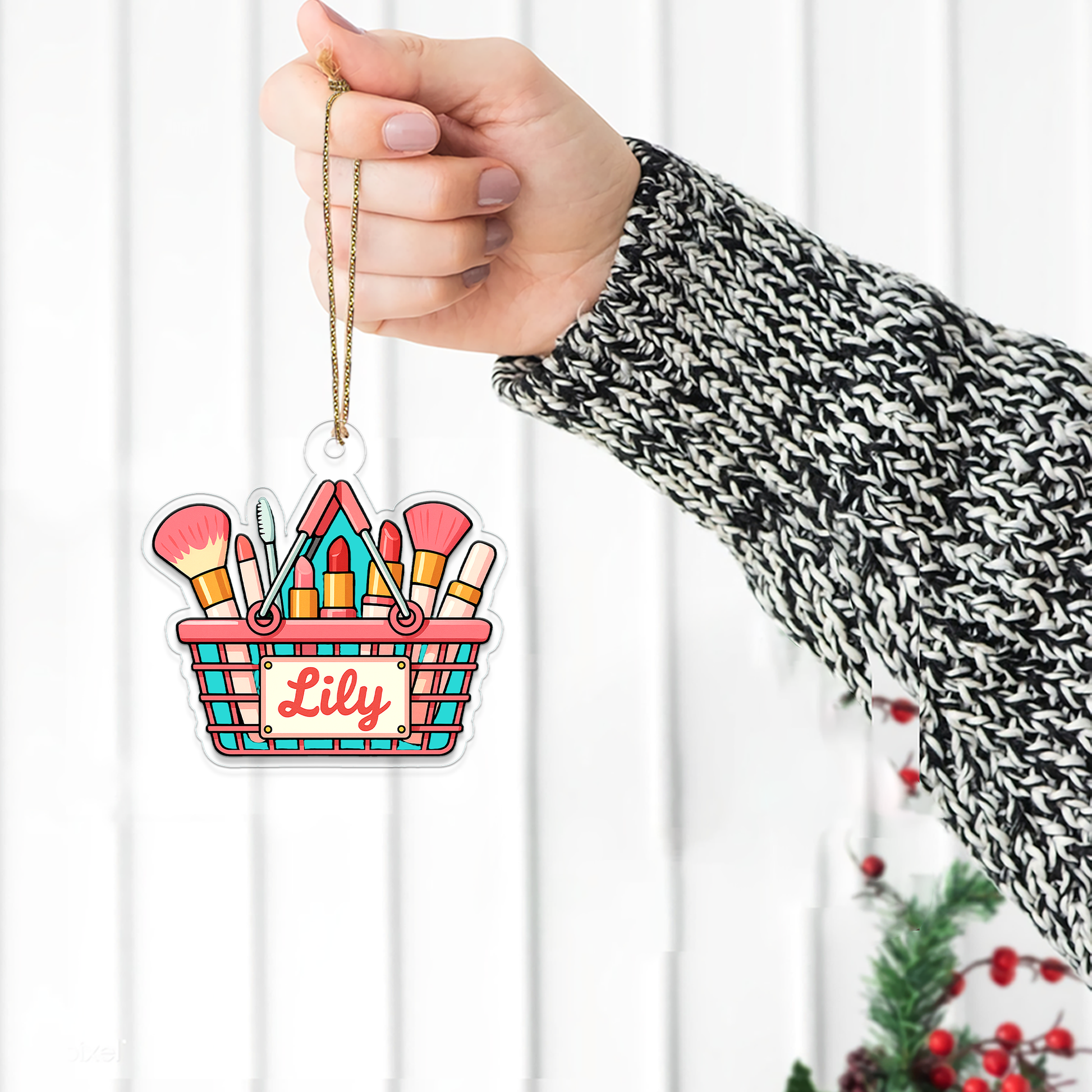 Personalized Makeup Basket Acrylic Ornament, Christmas Decor, Beauty Ornaments, Makeup Artist Ornament, Xmas Makeup Gifts