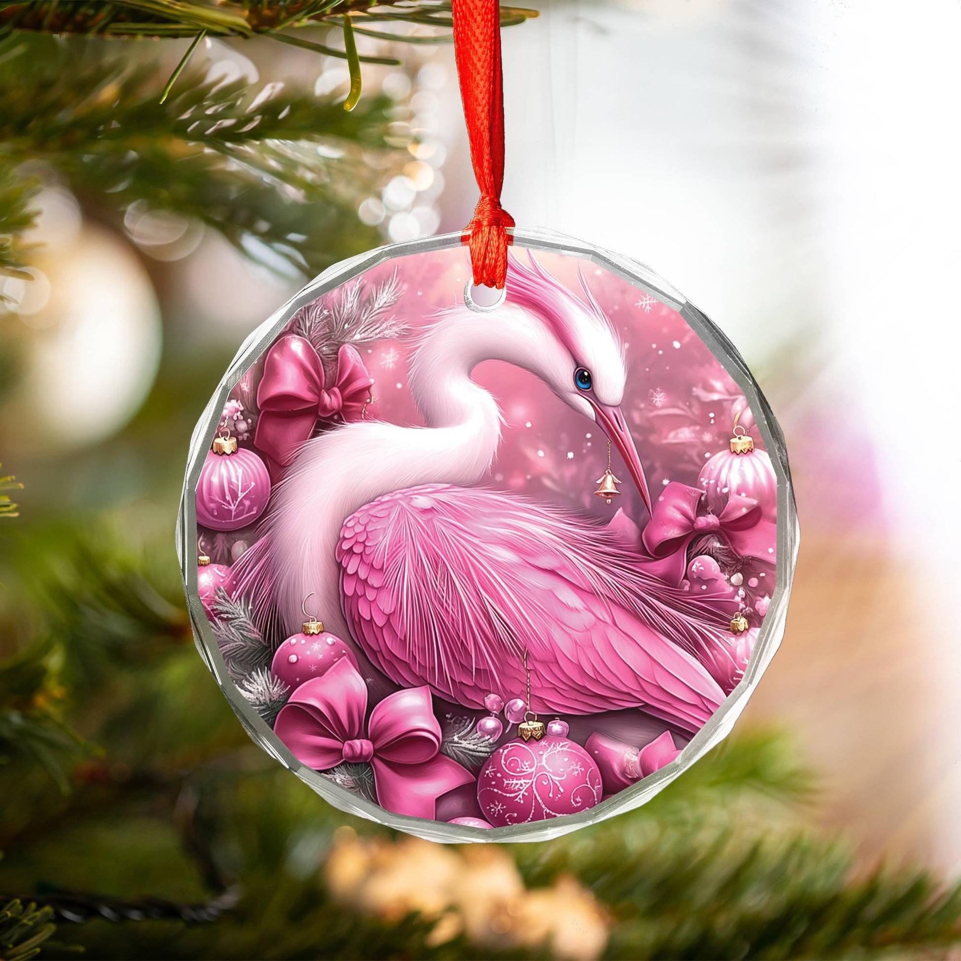 Heron Pink Christmas Design 2 Glass Ornament