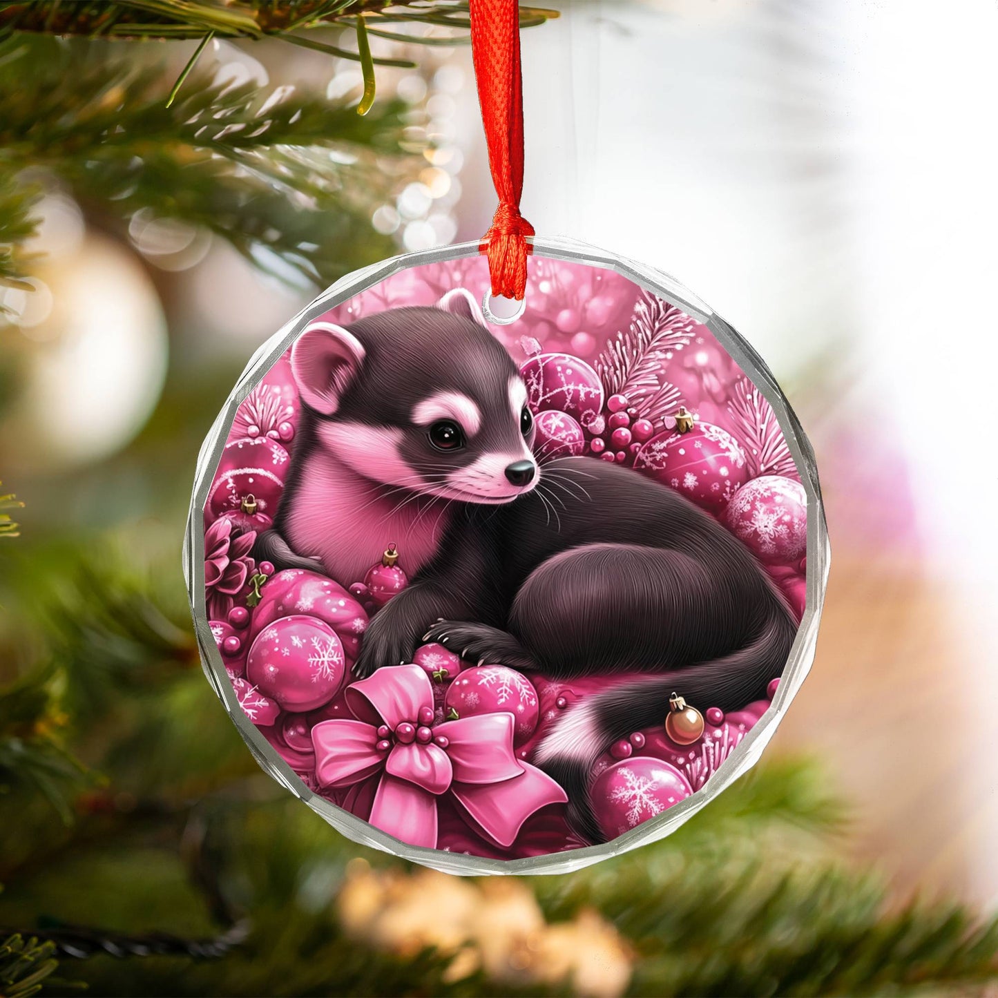 Ferret Pink Christmas Design 1 Glass Ornament
