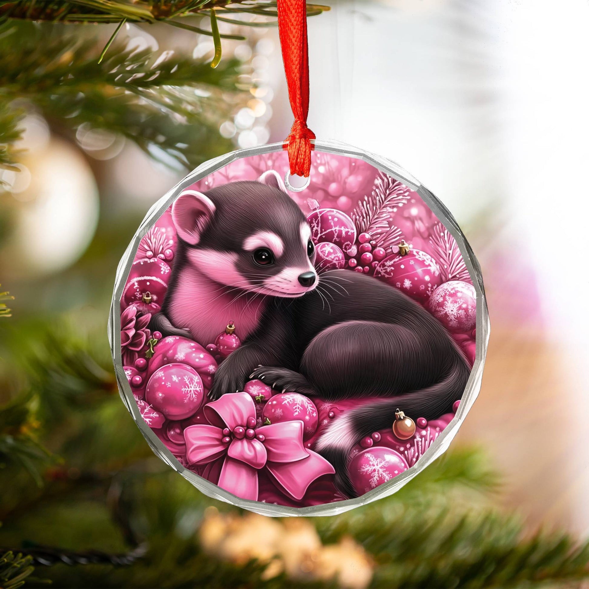 Ferret Pink Christmas Design 1 Glass Ornament