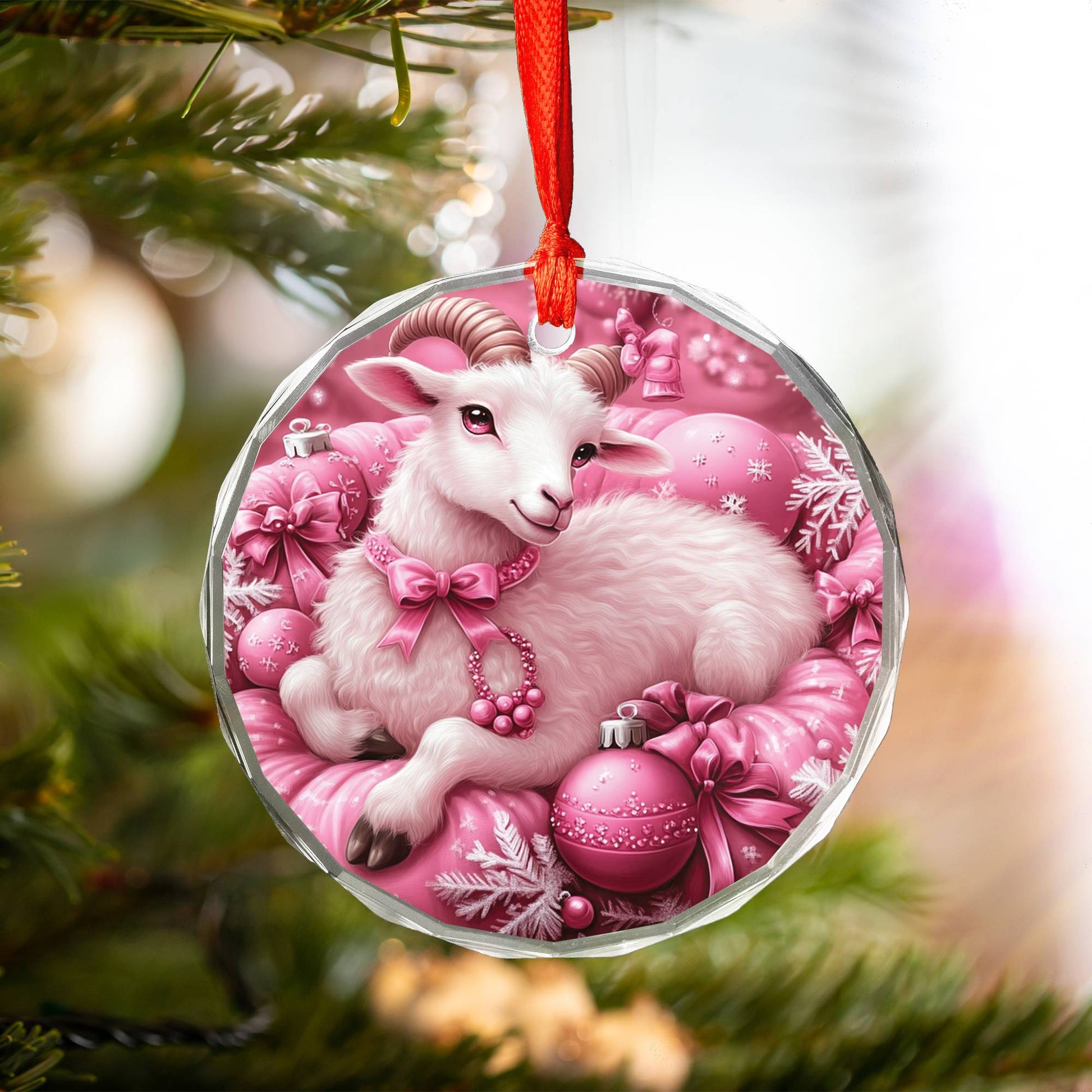 Sheep Pink Christmas Design 2 Glass Ornament