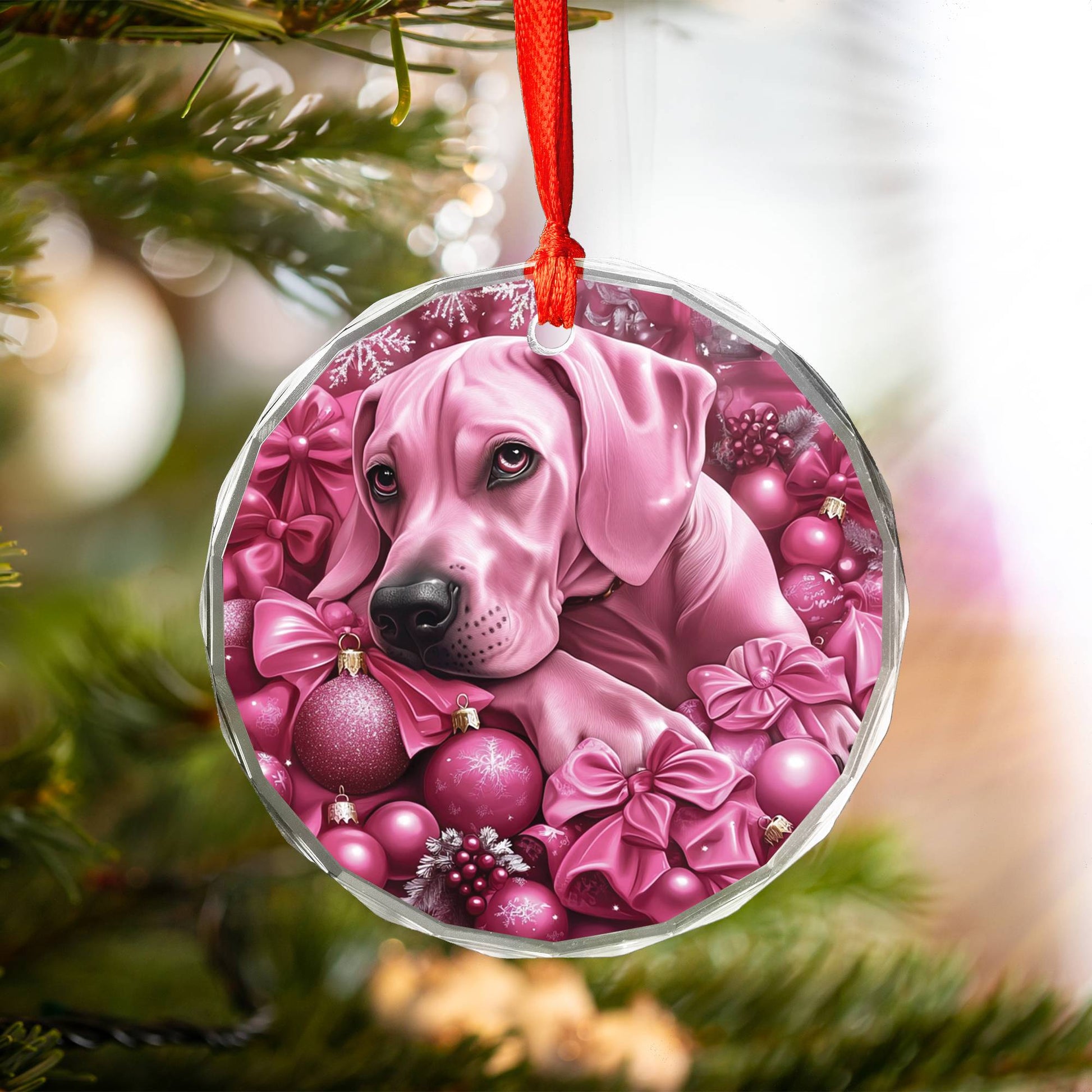 Great Dane Dog Pink Christmas Design 2 Glass Ornament