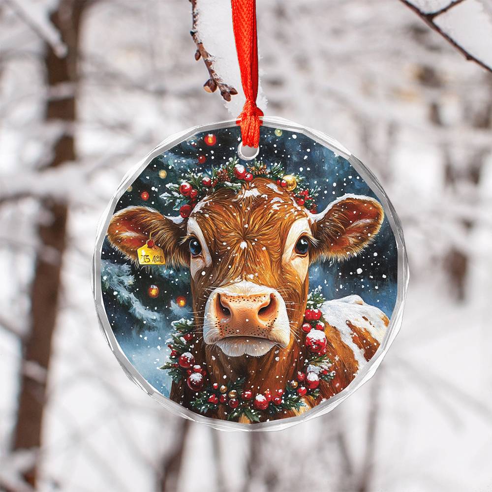 Beautiful Jersey Cow Christmas Night Design 2 Glass Ornament