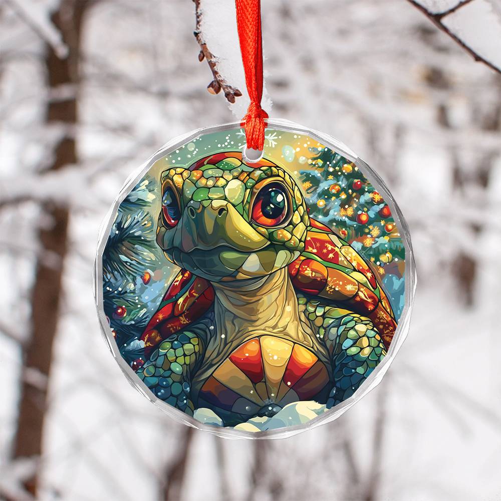 Beautiful Tortoise Christmas Night Design 4 Glass Ornament