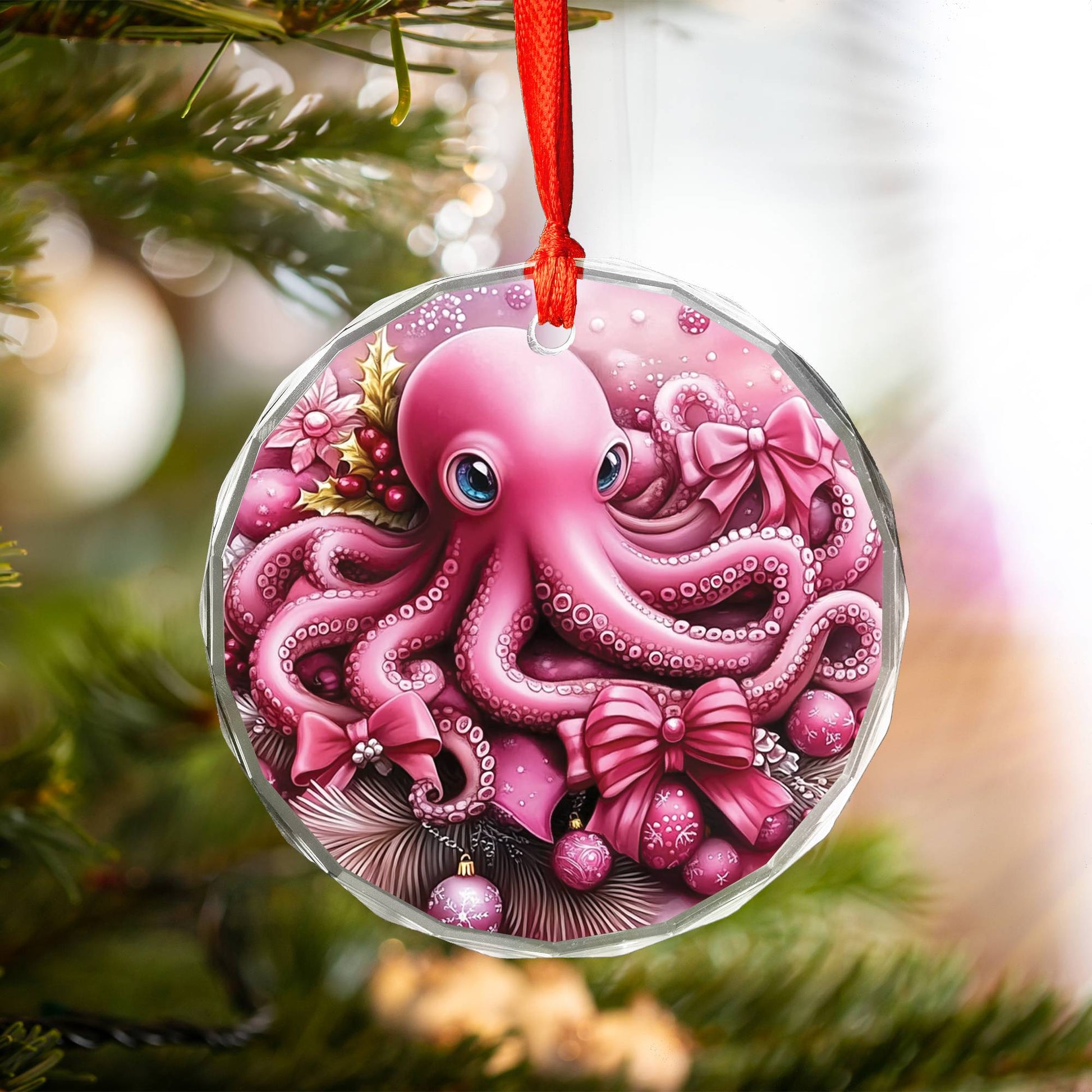 Octopus Pink Christmas Design 2 Glass Ornament