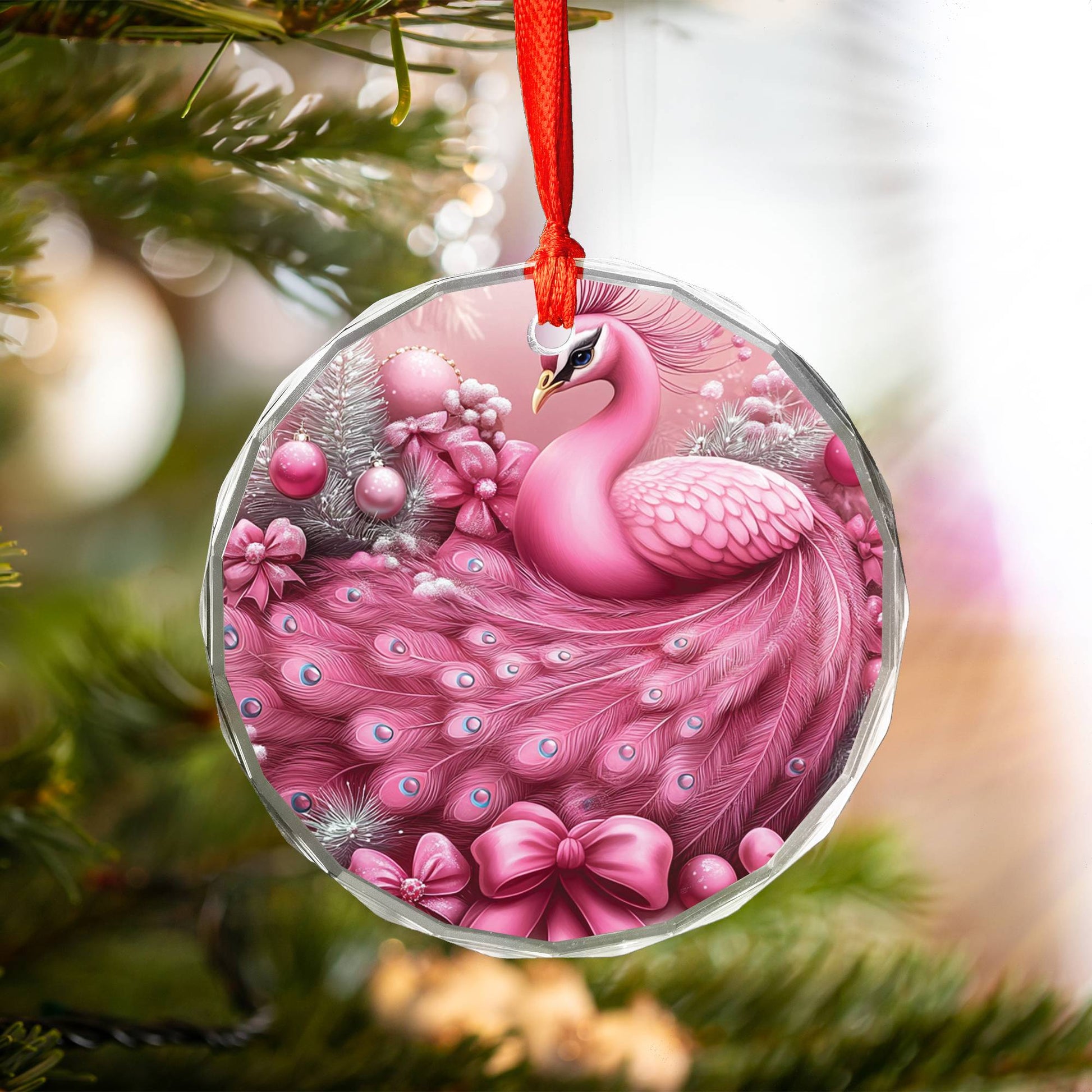 Peacock Pink Christmas Design 3 Glass Ornament