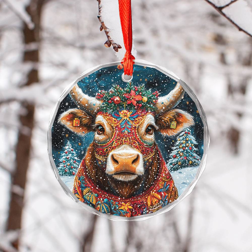Beautiful Bull Christmas Night Design 4 Glass Ornament