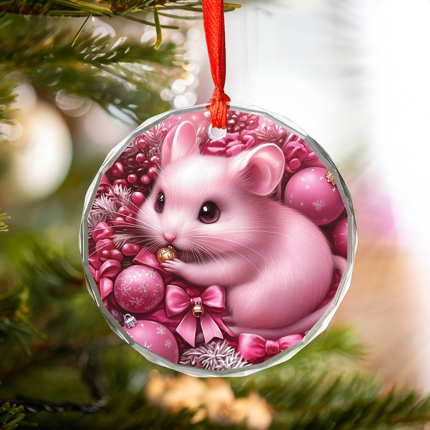 Hamster Pink Christmas Design 3 Glass Ornament