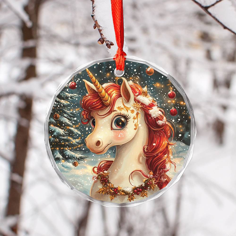 Beautiful Angus Unicorn Christmas Night Design 2 Glass Ornament