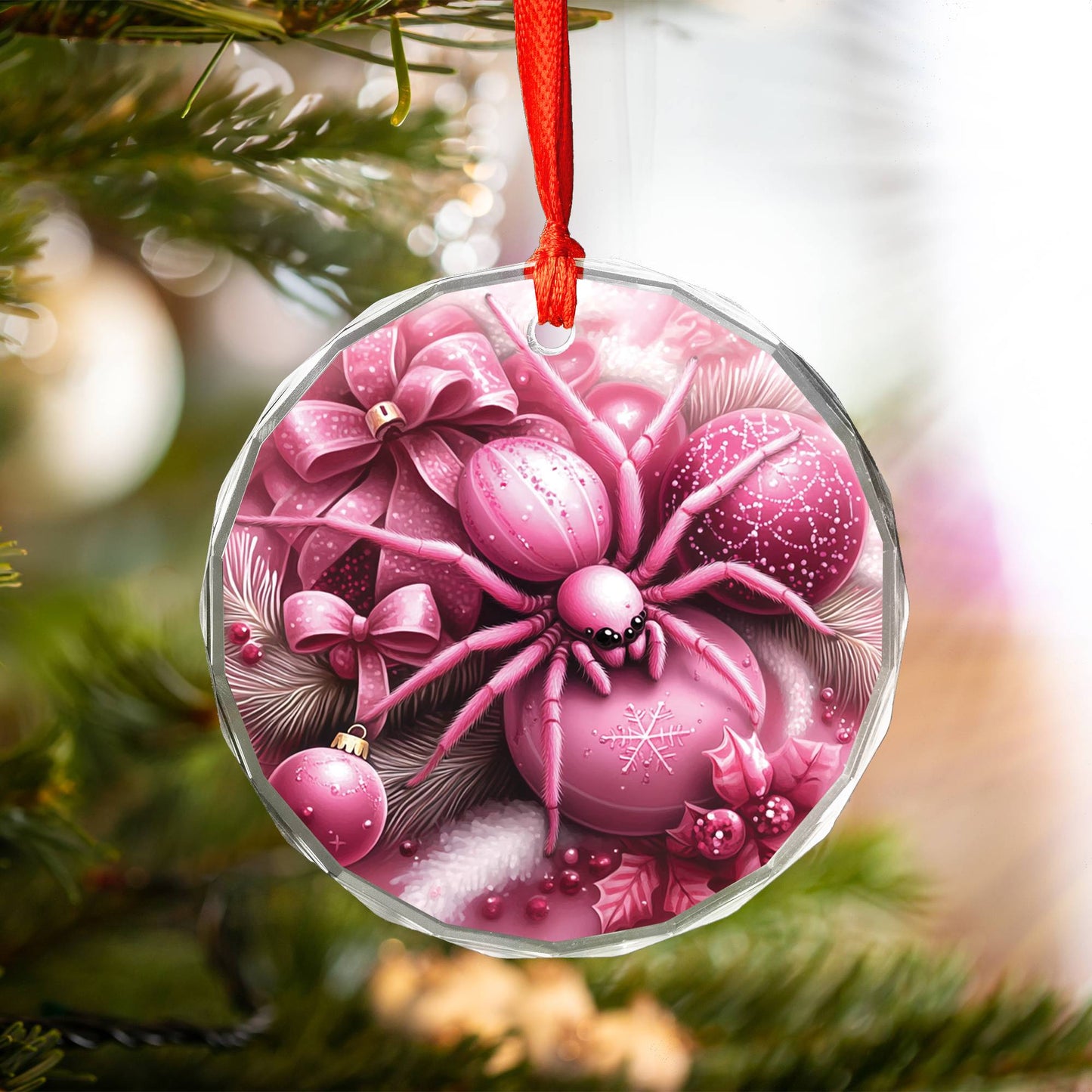 Spider Pink Christmas Design 4 Glass Ornament