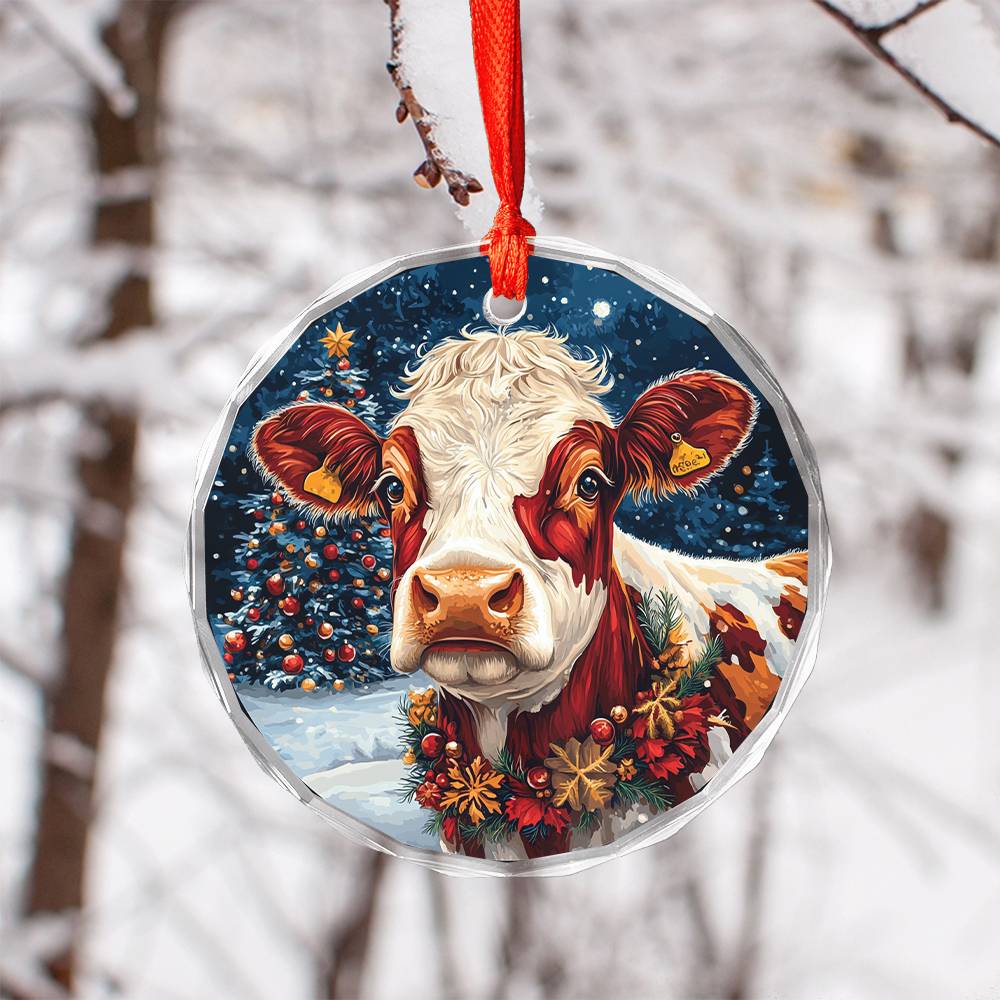 Beautiful Hereford Cow Christmas Night Design 4 Glass Ornament