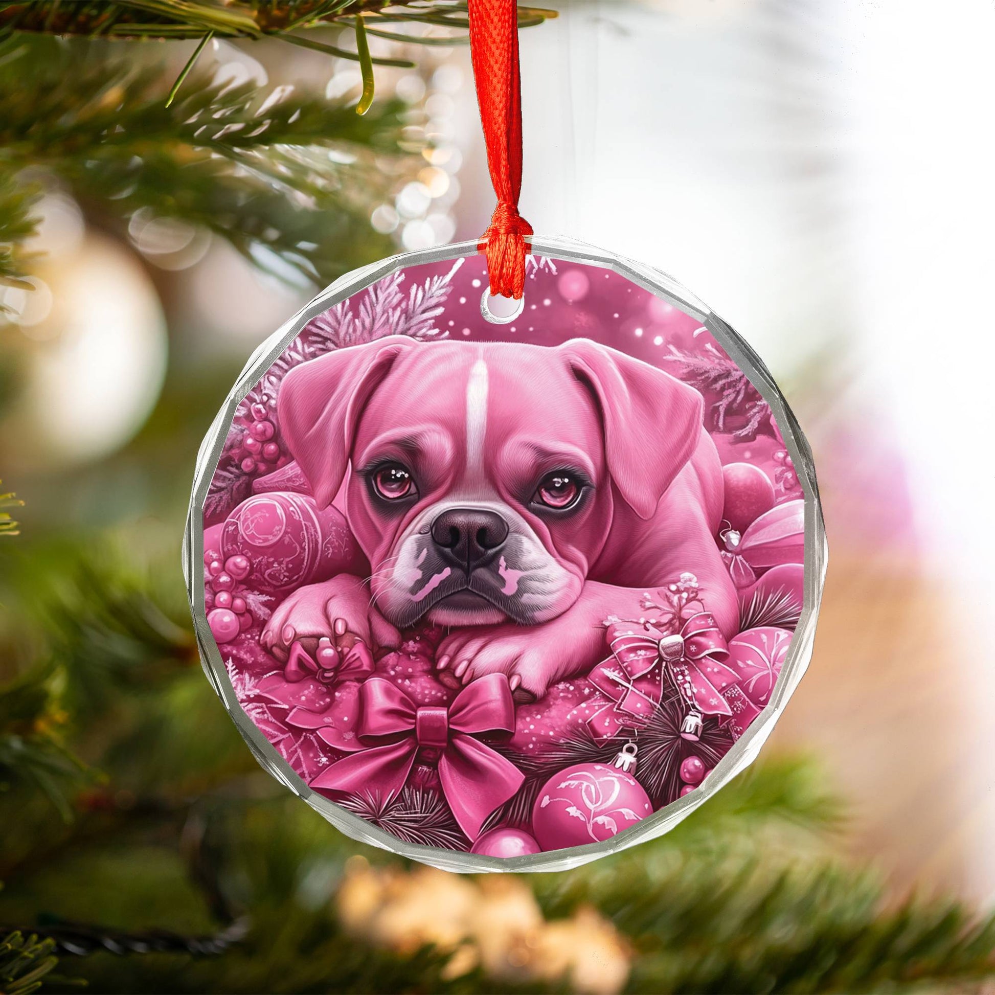 Boxer Dog Pink Christmas Design 2 Glass Ornament