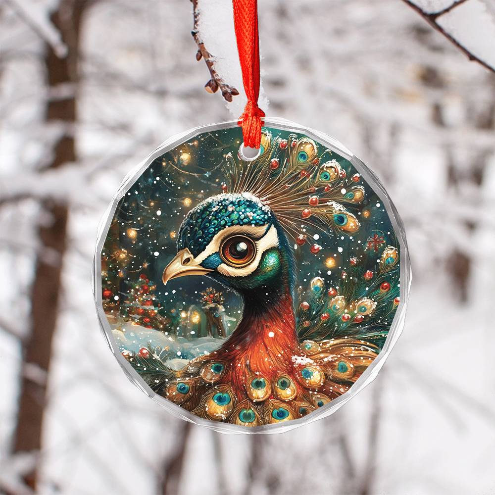 Beautiful Peacock Christmas Night Design 3 Glass Ornament