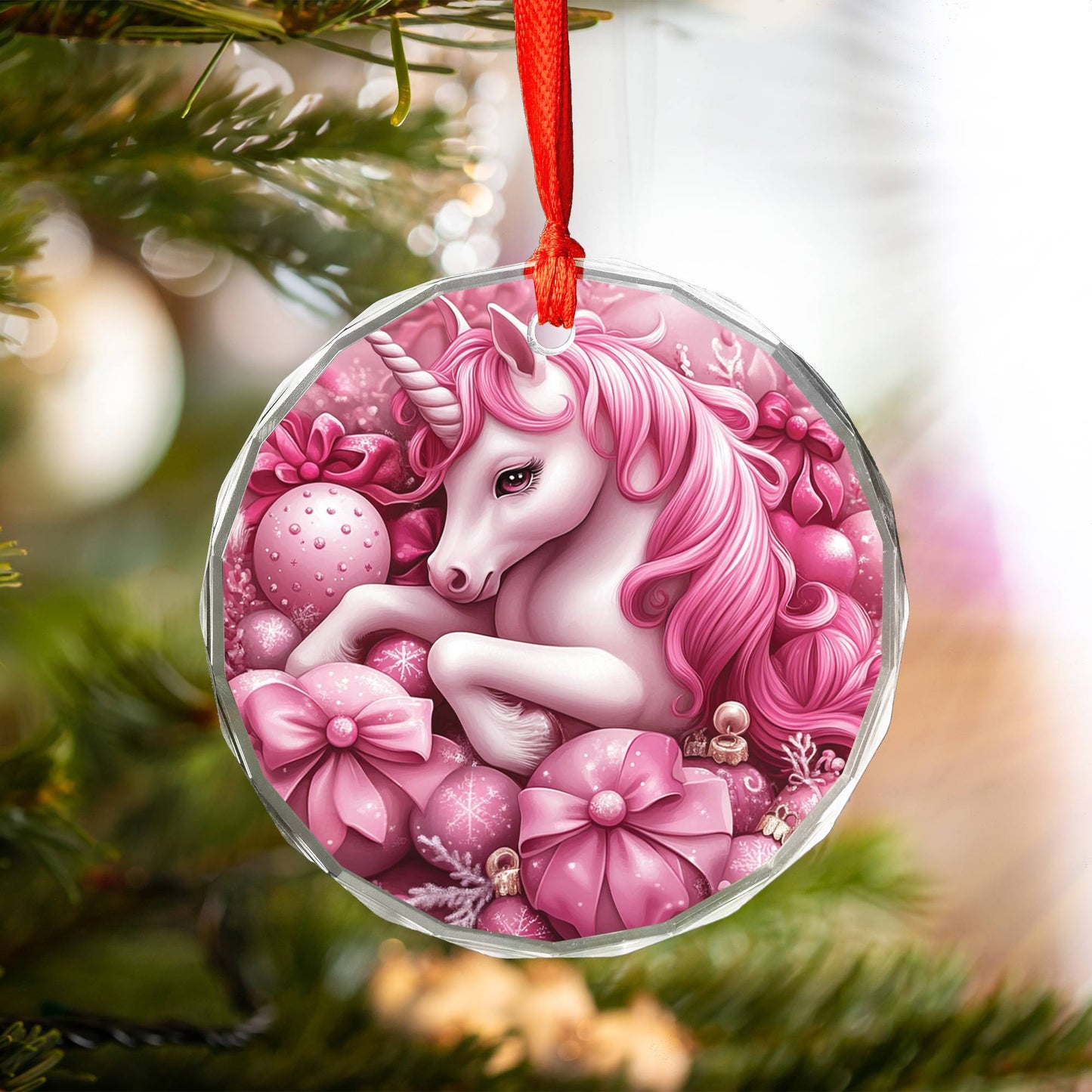 Unicorn Pink Christmas Design 1 Glass Ornament