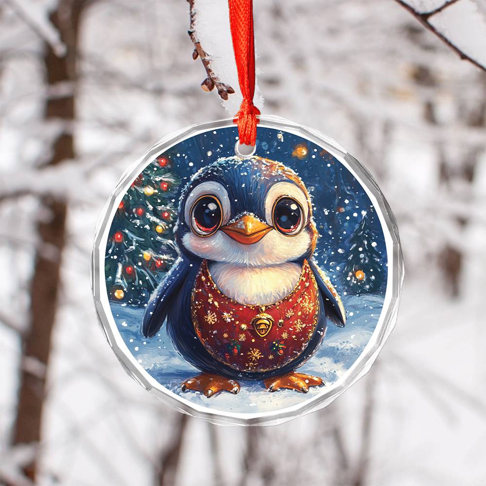 Beautiful Angus Penguin Christmas Night Design 3 Glass Ornament