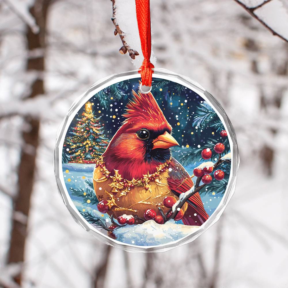 Beautiful Cardinal Christmas Night Design 4 Glass Ornament