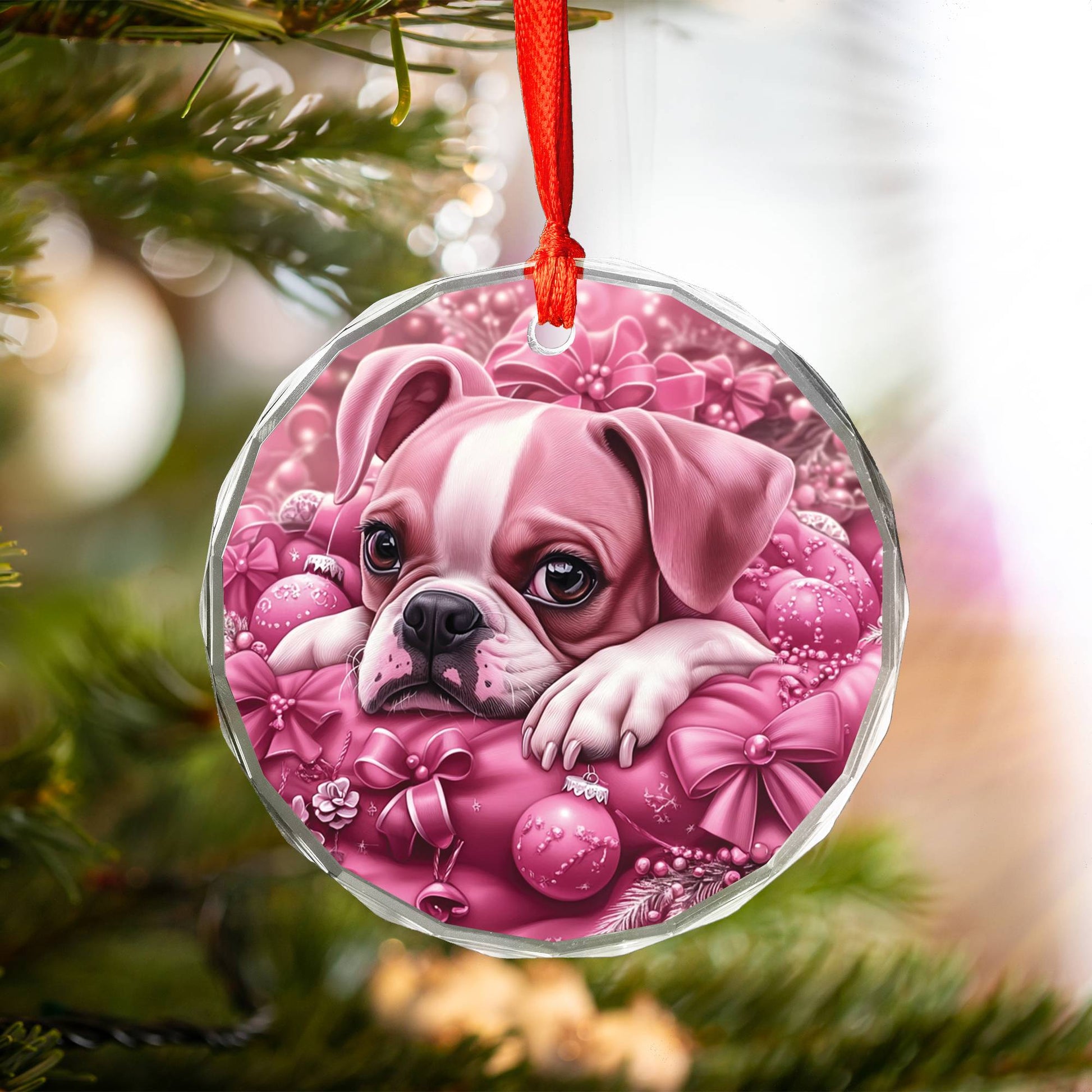 Boxer Dog Pink Christmas Design 1 Glass Ornament