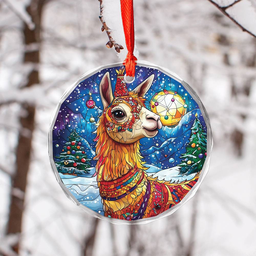 Beautiful Llama Christmas Night Design 4 Glass Ornament