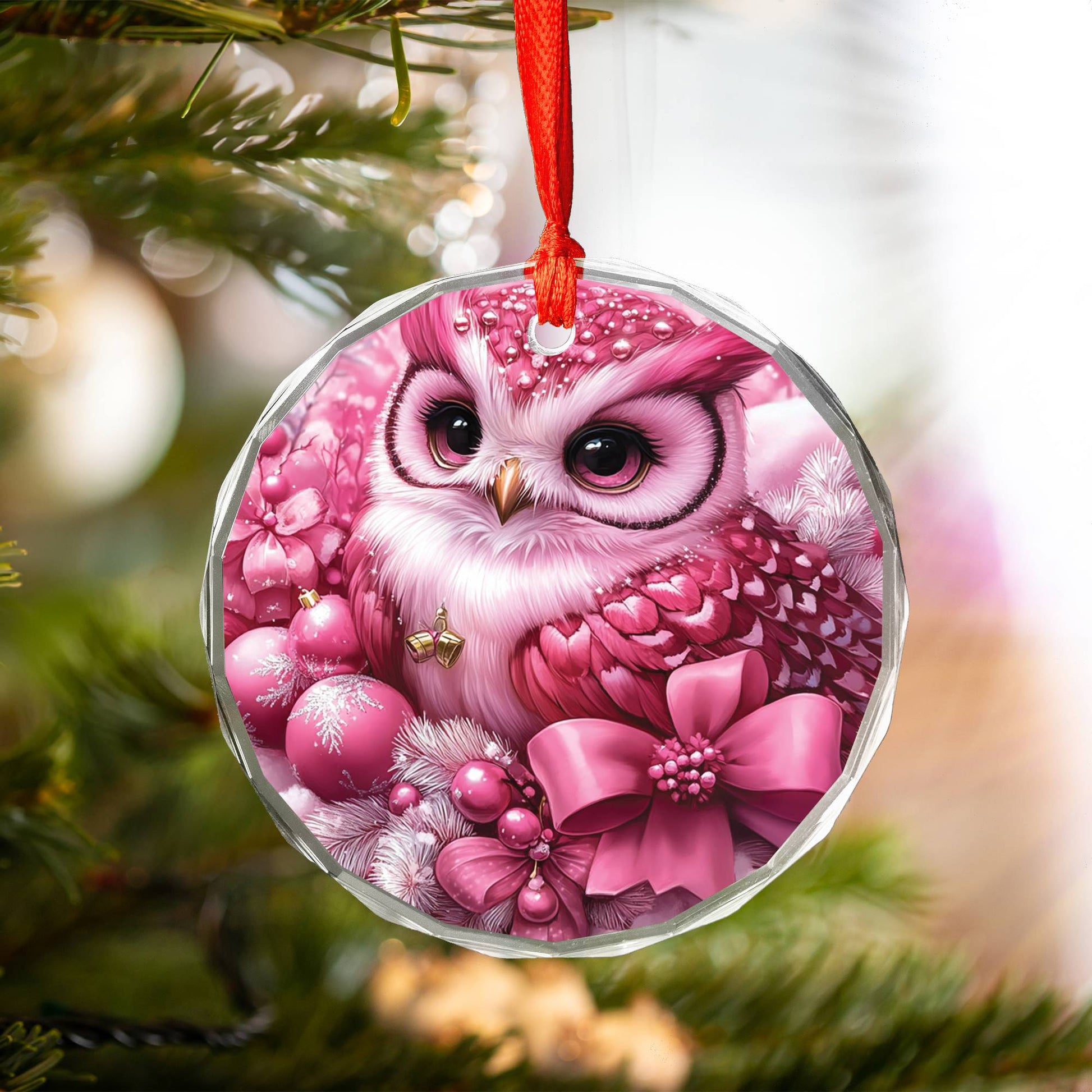 Owl Pink Christmas Design 1 Glass Ornament