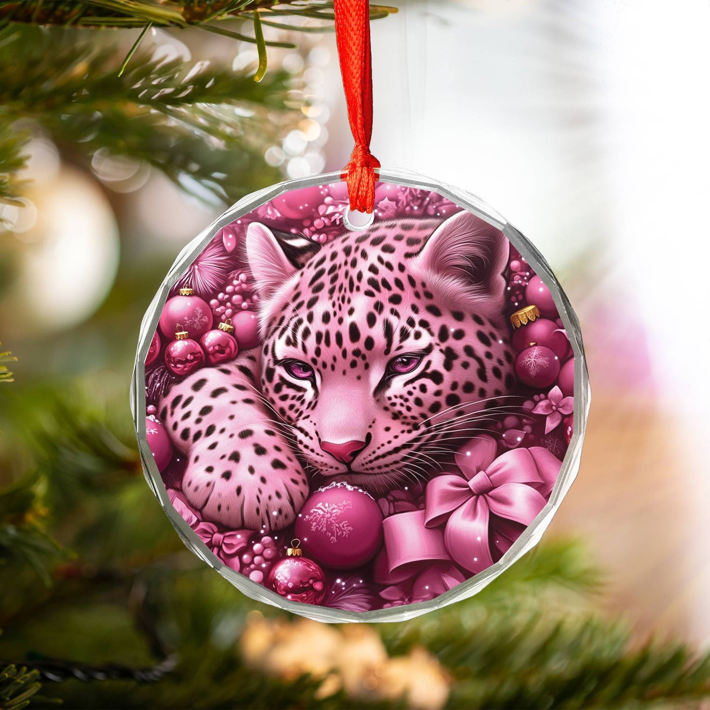 Leopard Pink Christmas Design 4 Glass Ornament