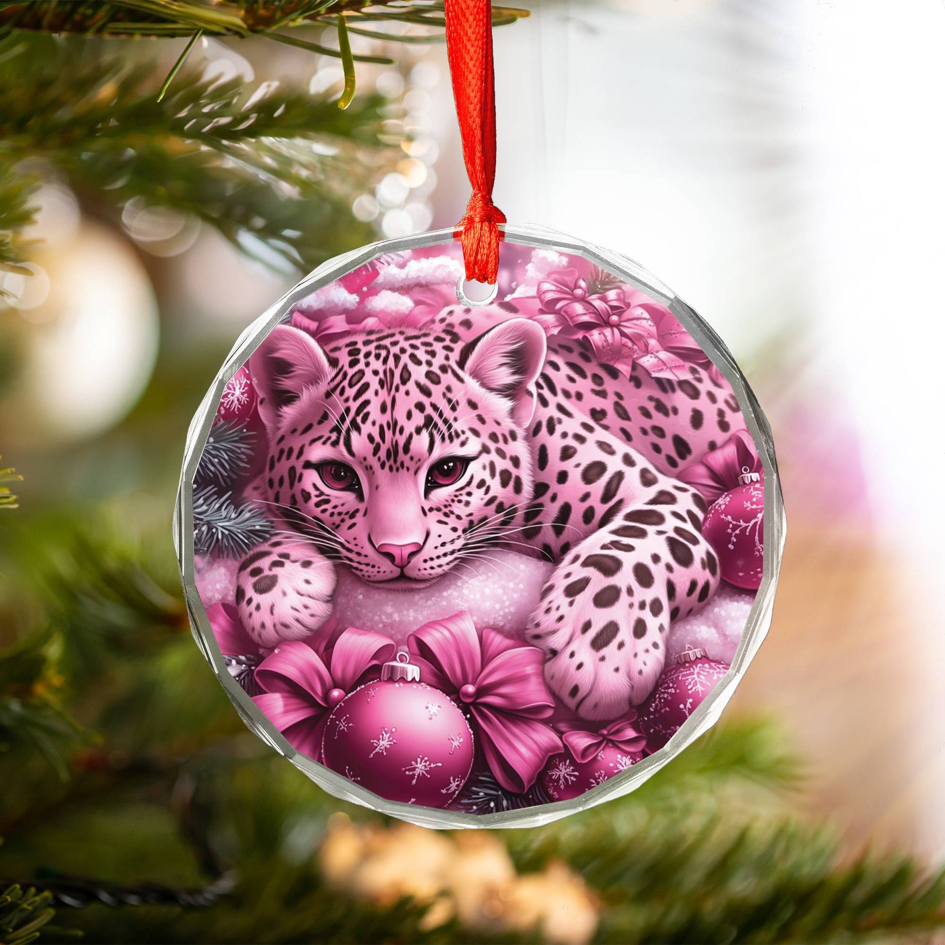 Leopard Pink Christmas Design 2 Glass Ornament