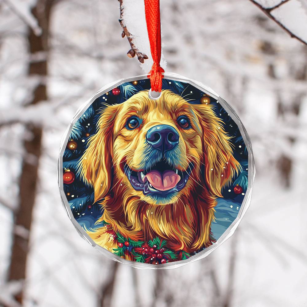 Beautiful Golden Retriever Dog Christmas Night Design 2 Glass Ornament