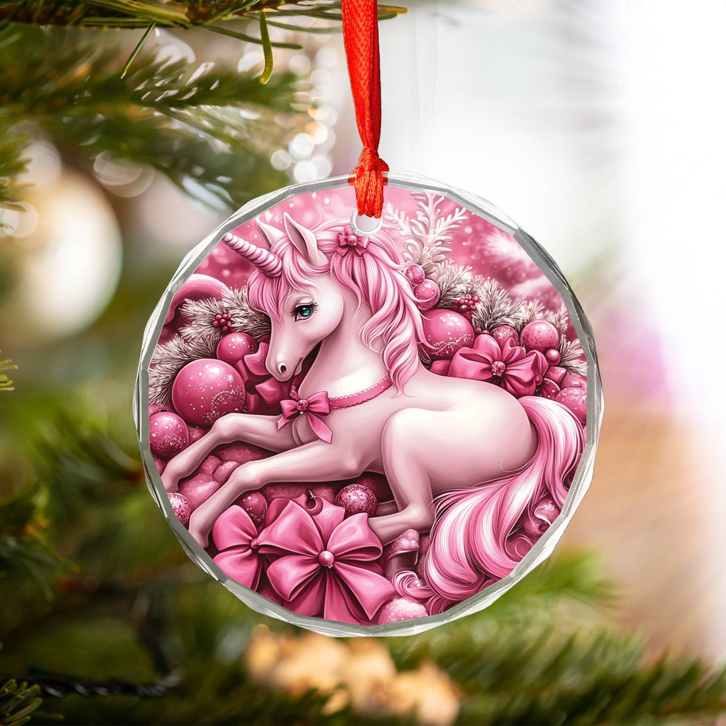 Unicorn Pink Christmas Design 2 Glass Ornament