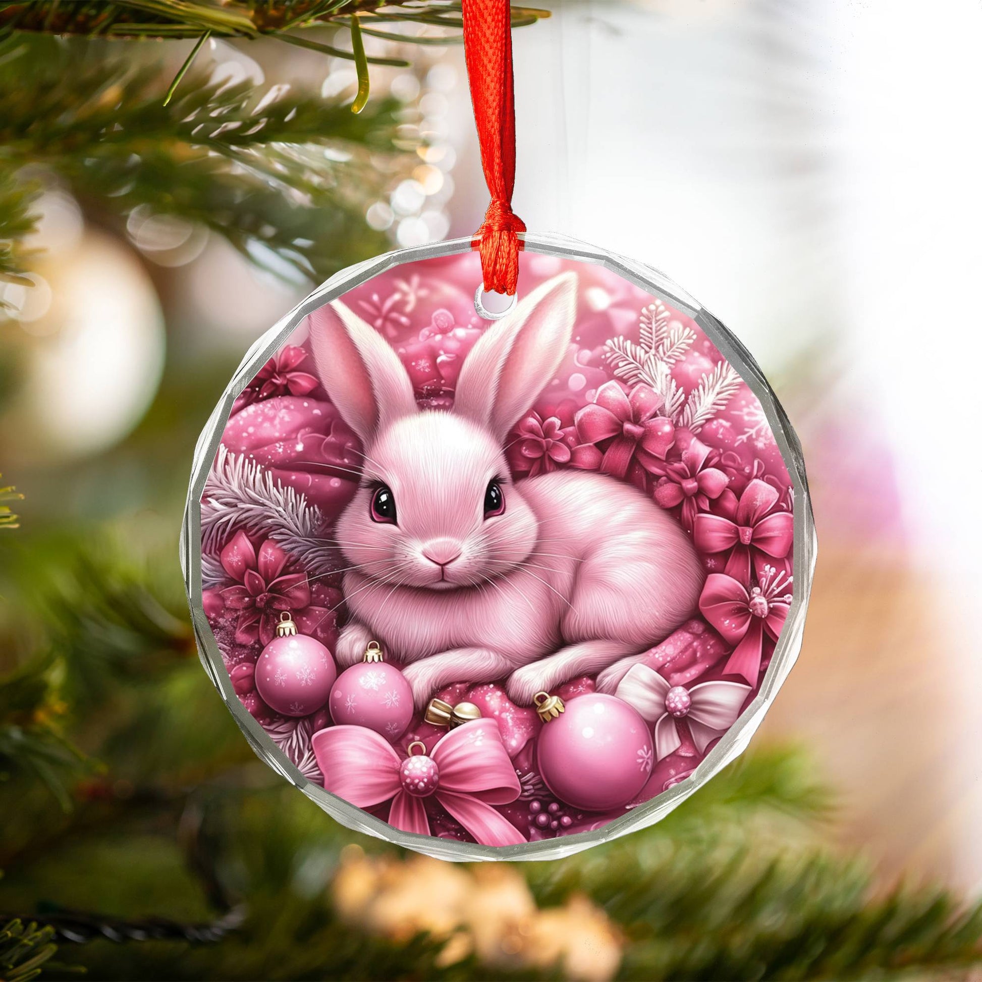 Rabbit Pink Christmas Design 1 Glass Ornament
