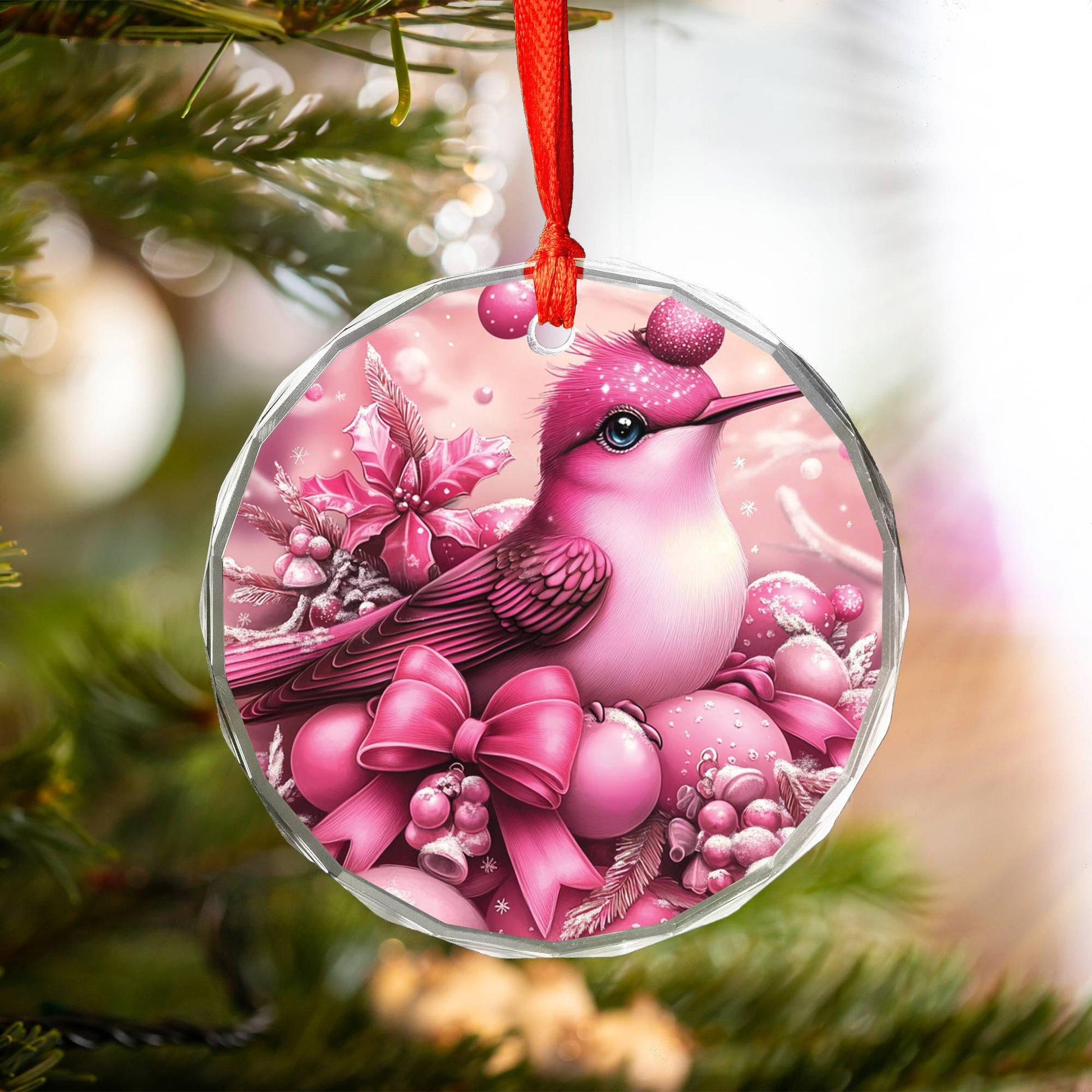 Hummingbird Pink Christmas Design 1 Glass Ornament